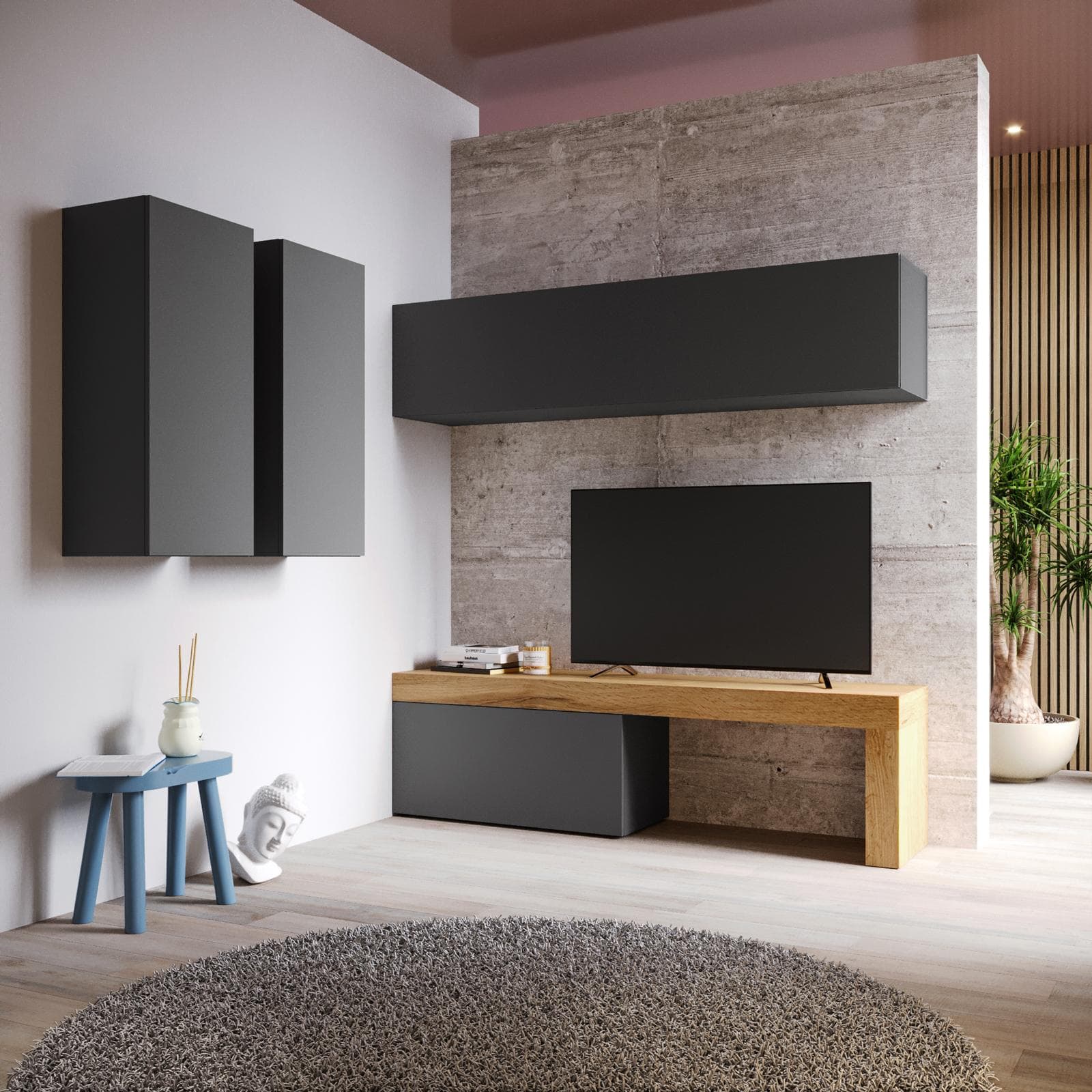 Parete attrezzata 180x180 cm antracite e rovere wotan - Kayros