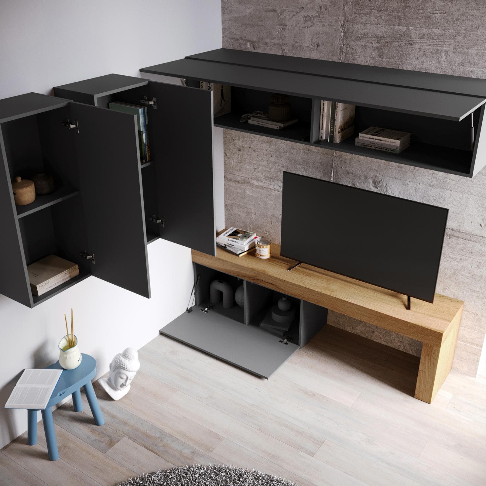 Parete attrezzata 180x180 cm antracite e rovere wotan - Kayros