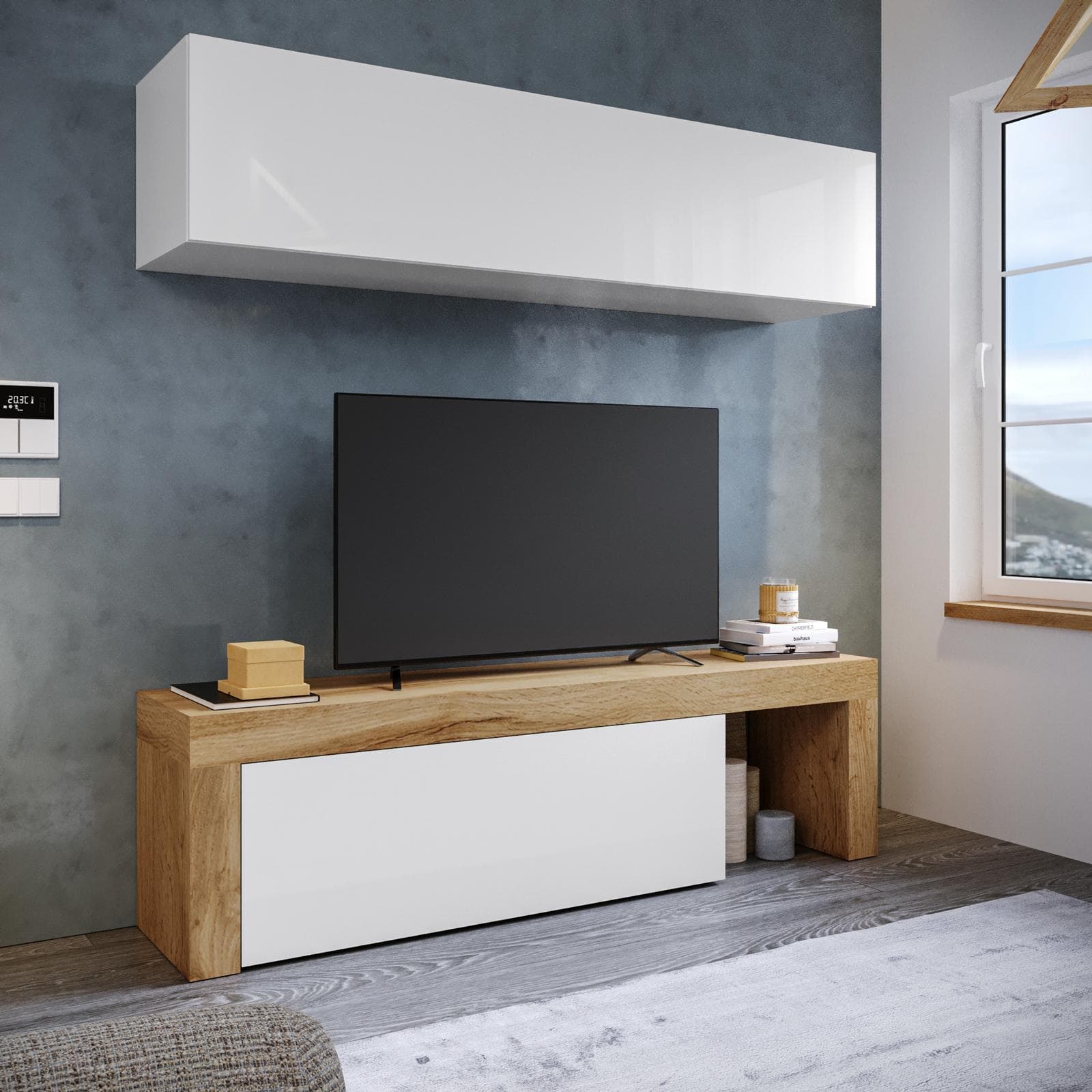 Parete attrezzata 180x40 cm bianco e rovere wotan - Kayros