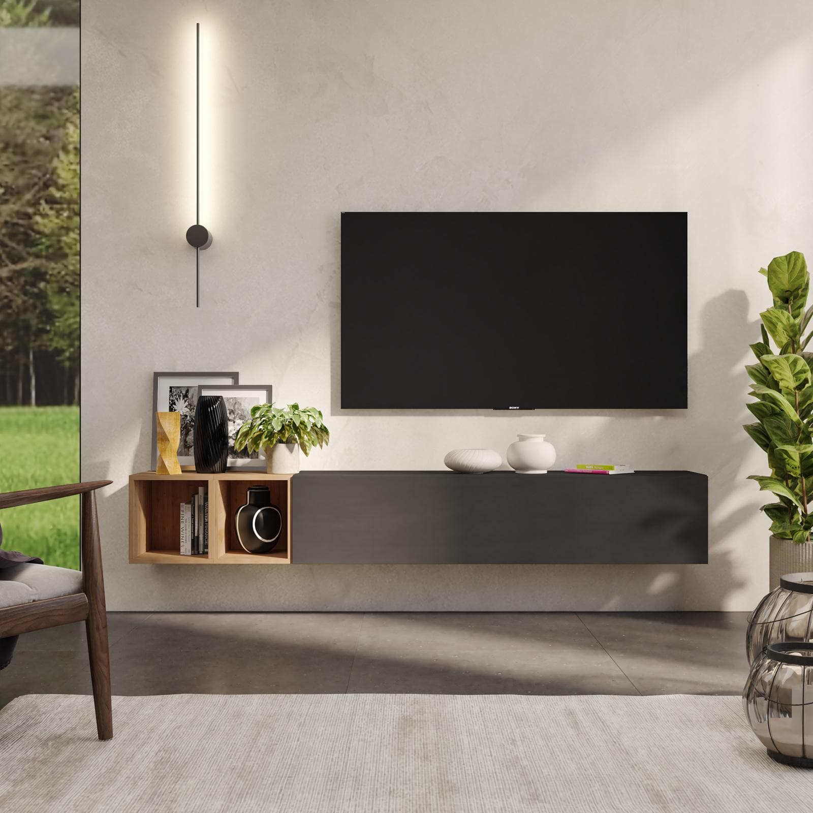 Porta tv sospeso 194x29x28h cm con pensile a ribalta lava e coppia di cubi rovere cadiz - Clary