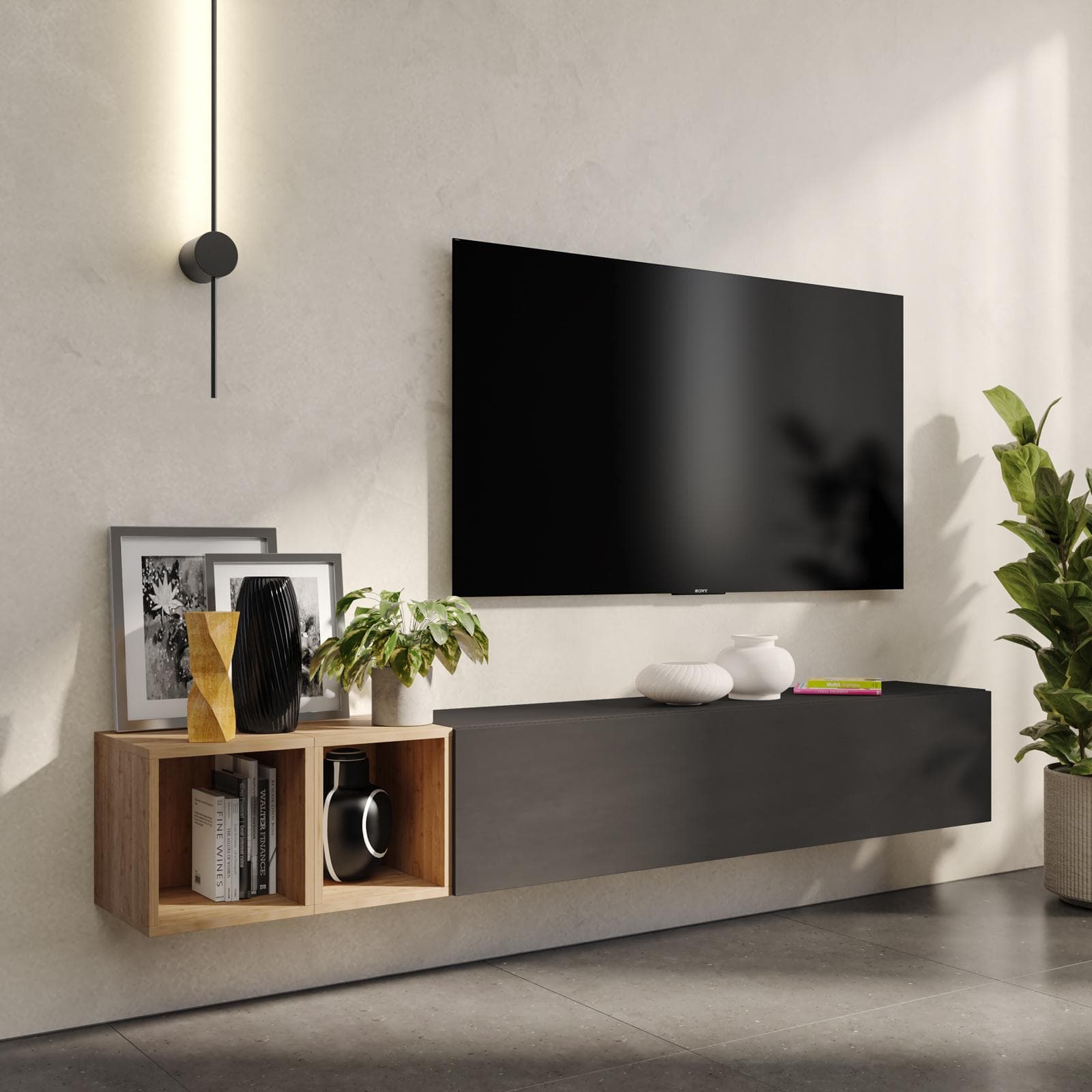 Porta tv sospeso 194x29x28h cm con pensile a ribalta lava e coppia di cubi rovere cadiz - Clary