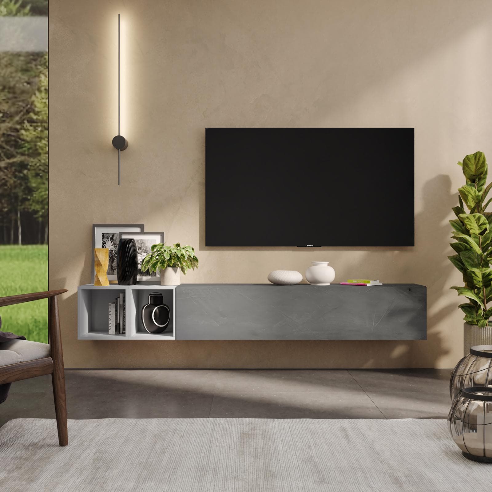 Porta tv sospeso 194x29x28h cm con pensile a ribalta piombo e coppia di cubi gesso - Clary