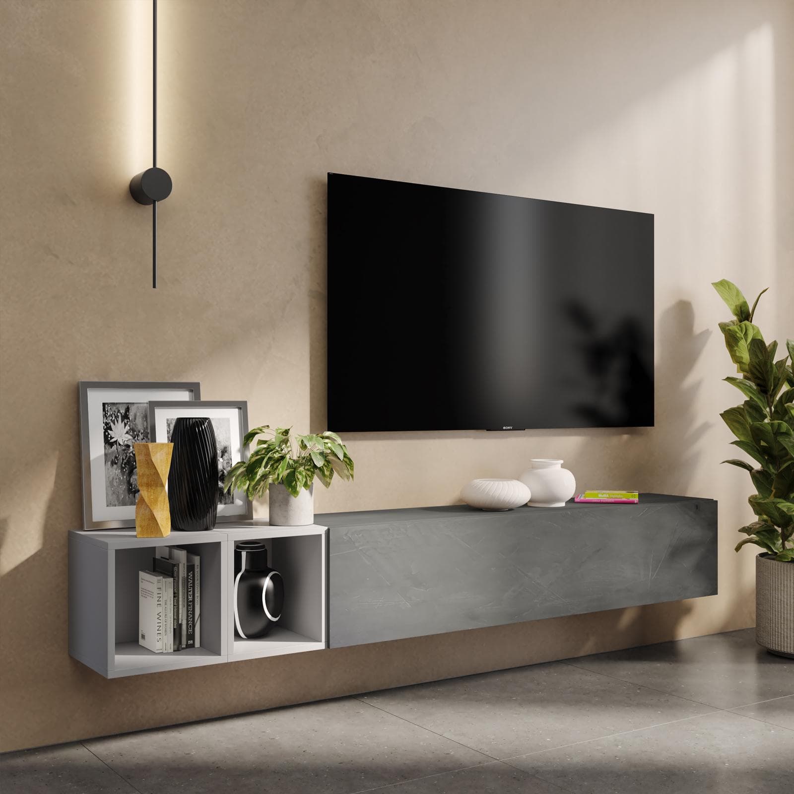 Porta tv sospeso 194x29x28h cm con pensile a ribalta piombo e coppia di cubi gesso - Clary
