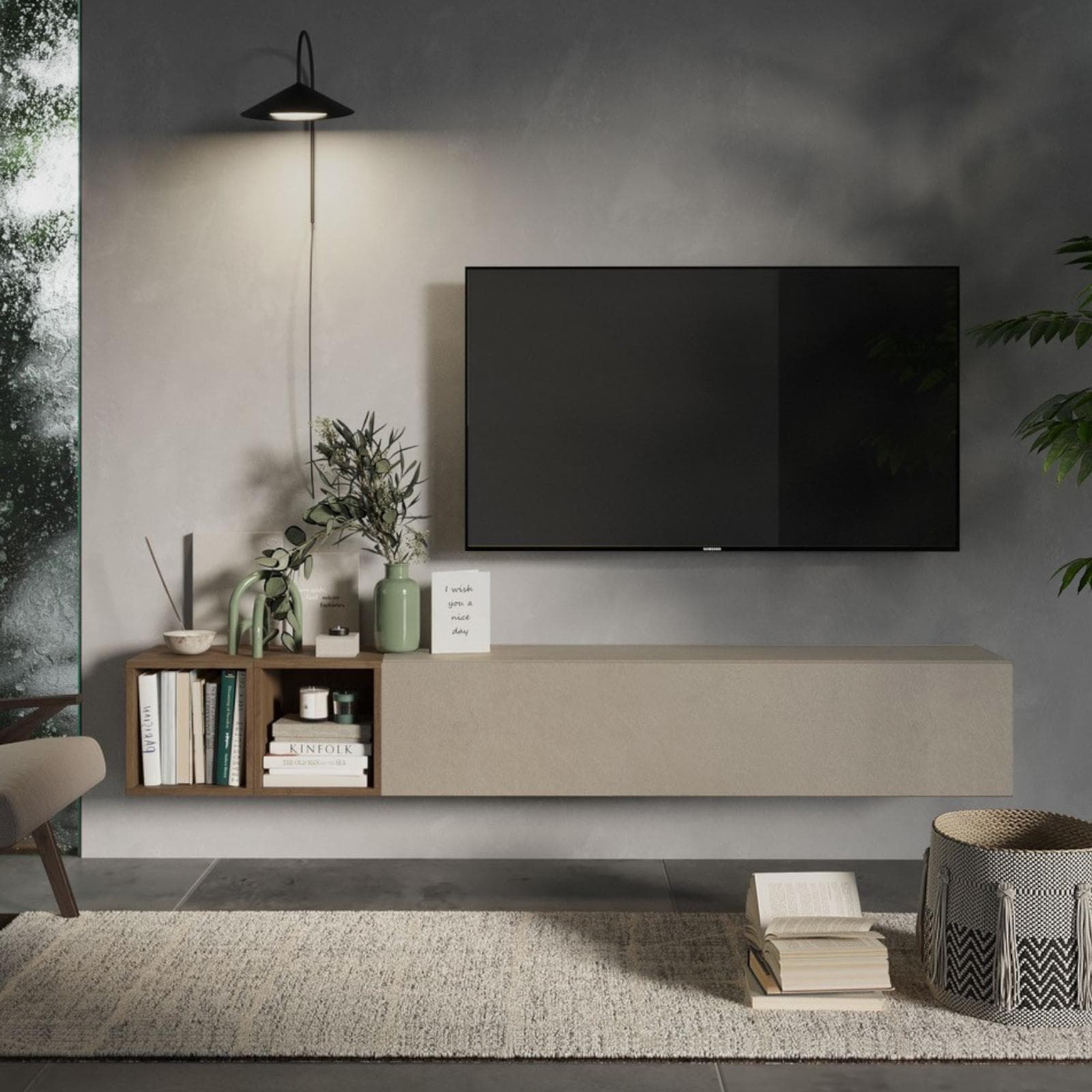 Porta tv sospeso 194x29x28h cm con pensile a ribalta argilla e coppia di cubi mercure - Clary