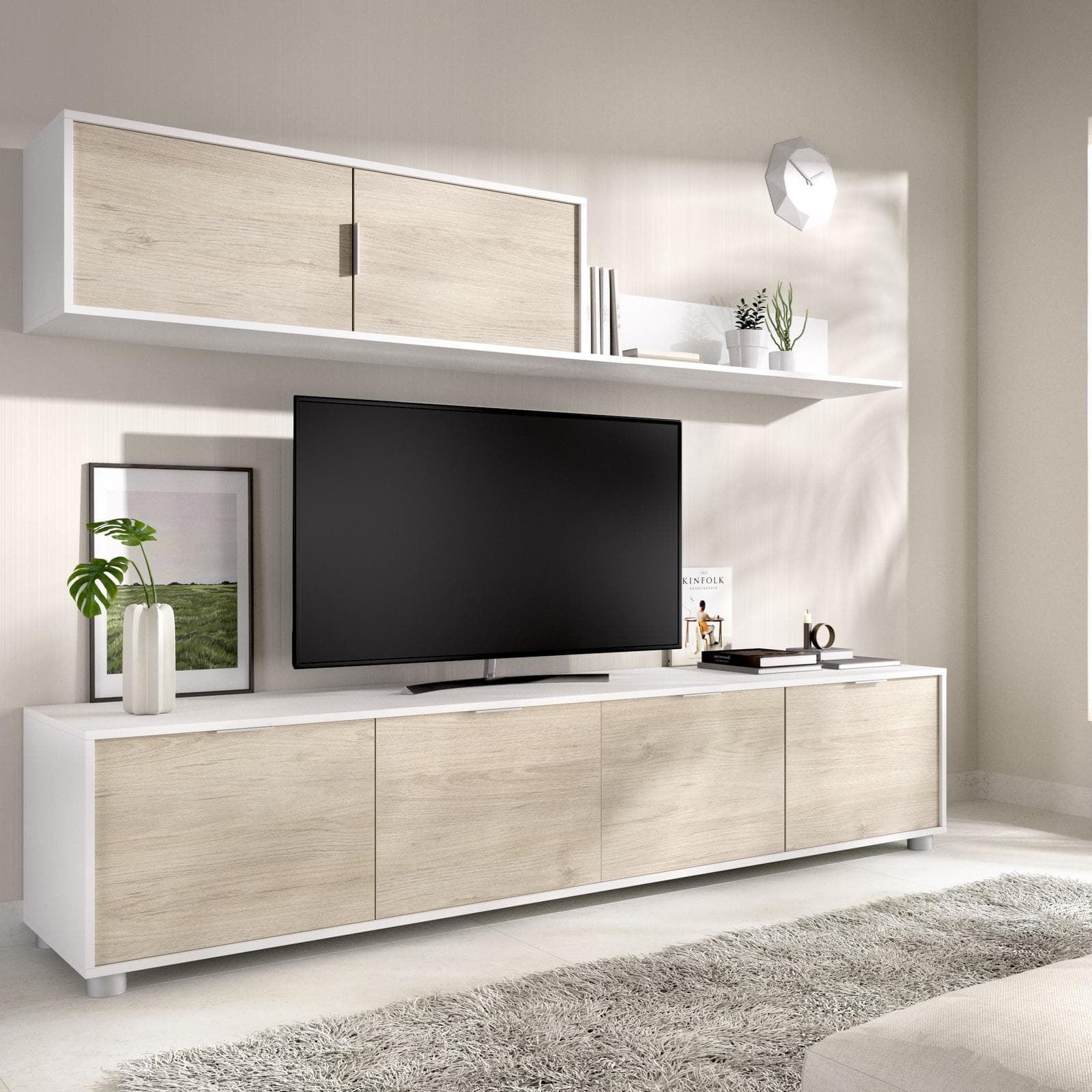 Parete attrezzata 200 cm bianco ed effetto rovere naturale con mensola e 5 ante - Lydia