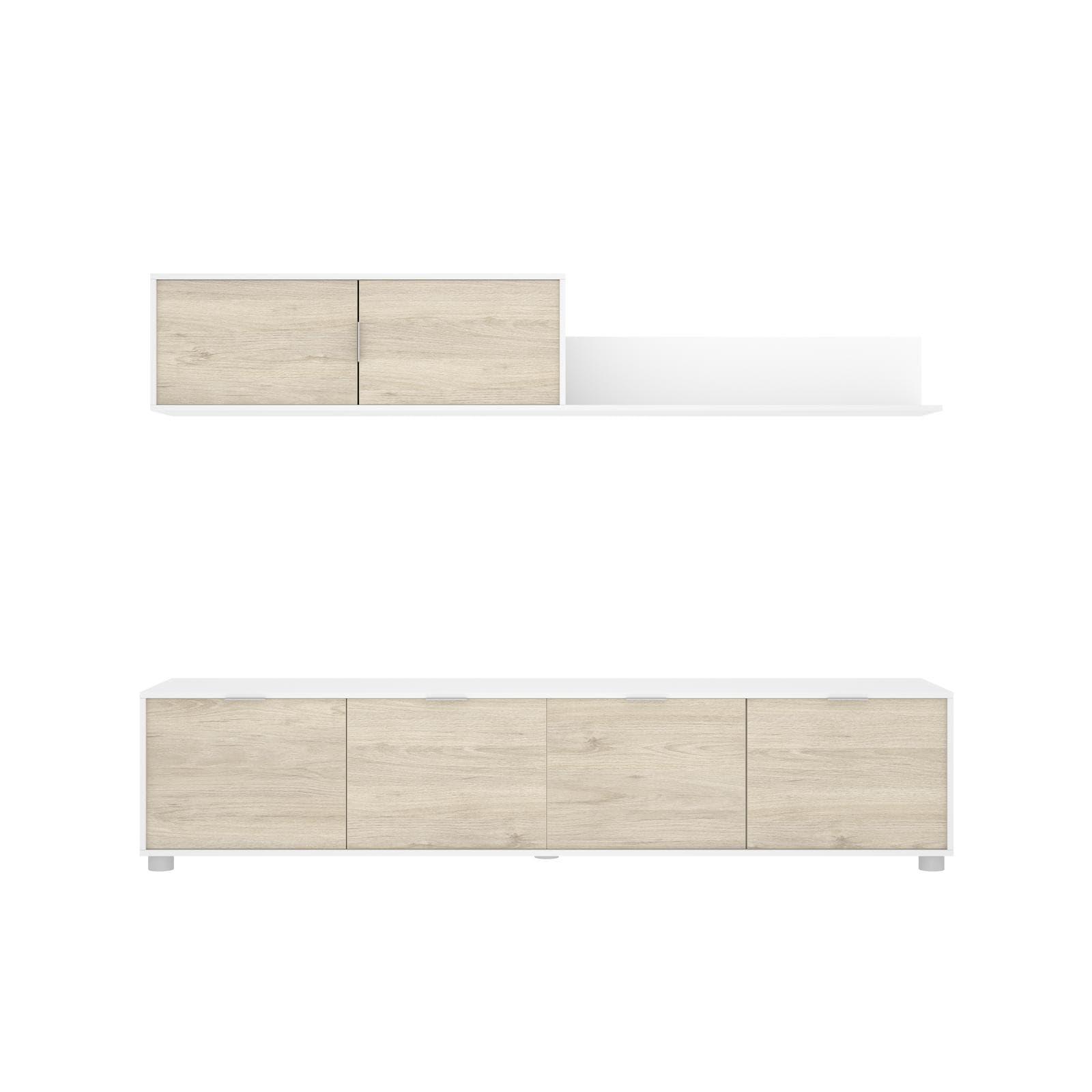 Parete attrezzata 200 cm bianco ed effetto rovere naturale con mensola e 5 ante - Lydia