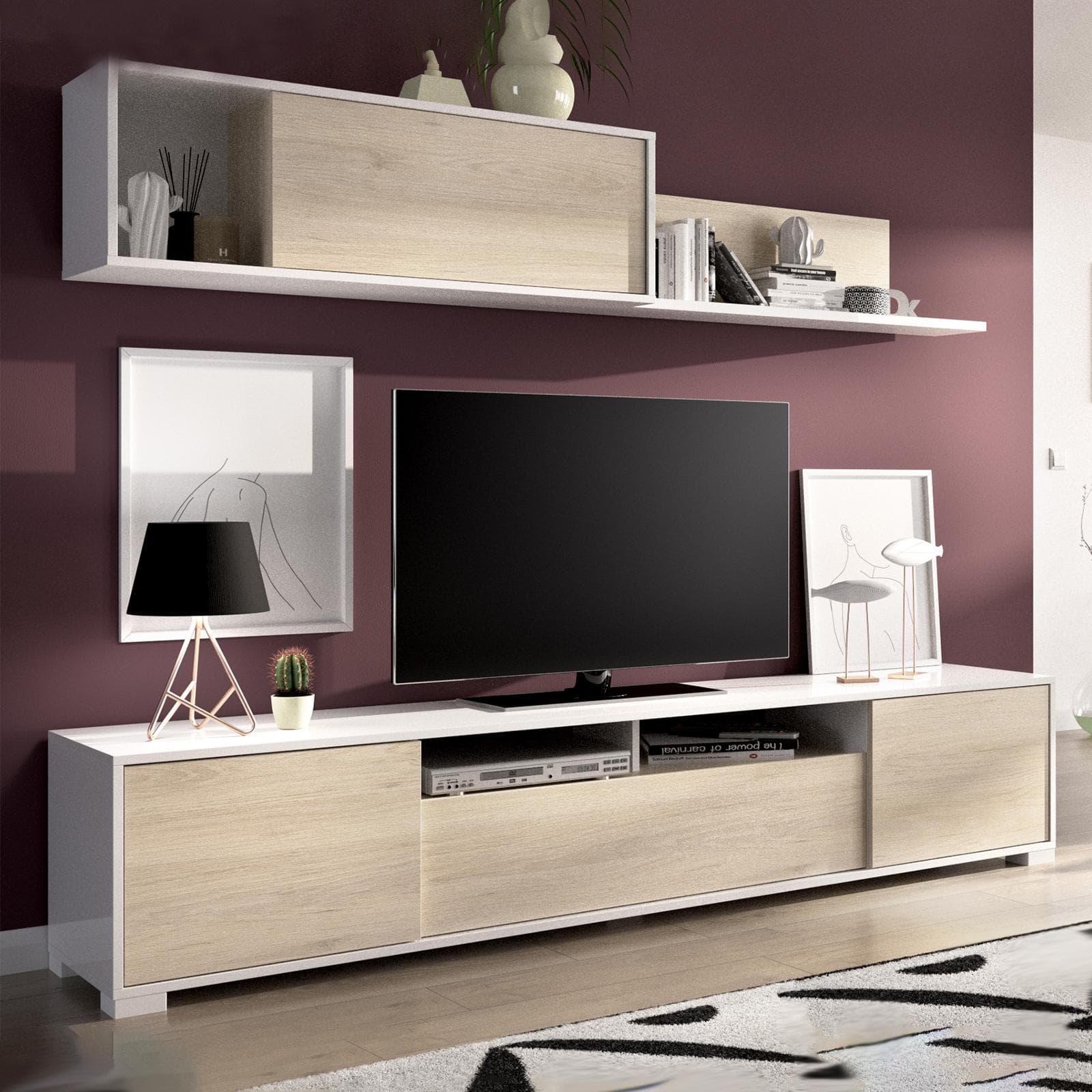 Parete attrezzata 200 cm reversibile in legno bianco lucido e naturale - Goya