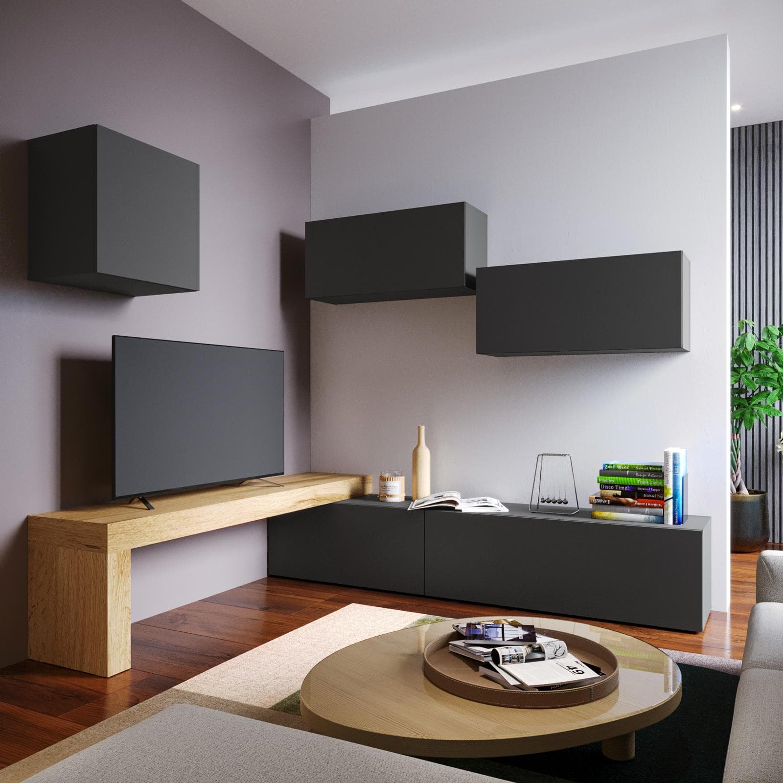 Parete attrezzata 200x180 cm antracite e rovere wotan - Kayros