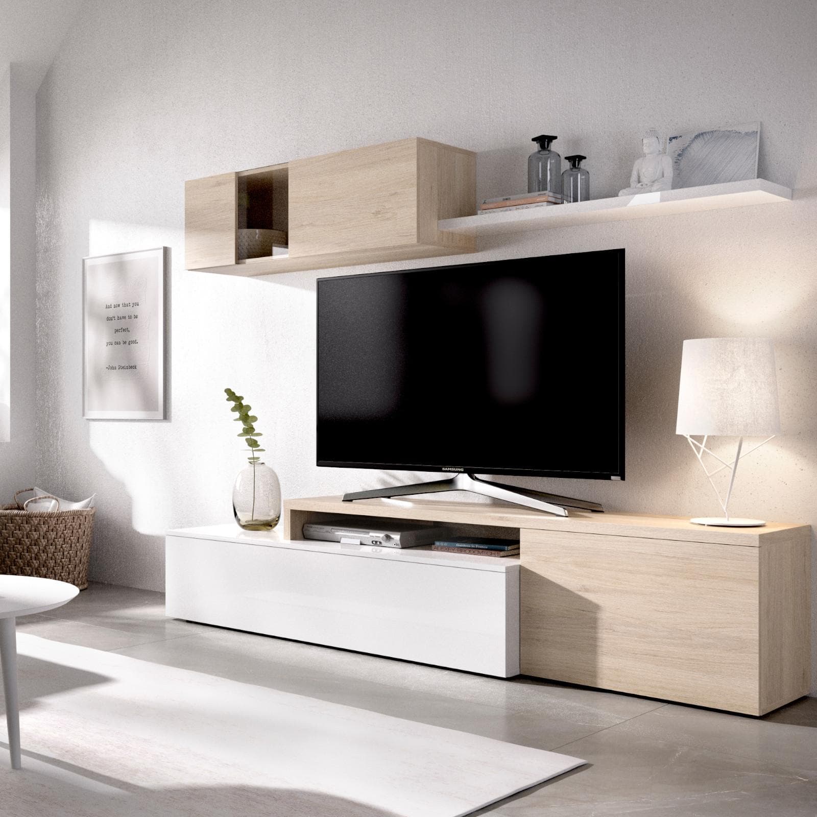 Parete attrezzata 201x180 h cm in legno bianco lucido e naturale - Dune