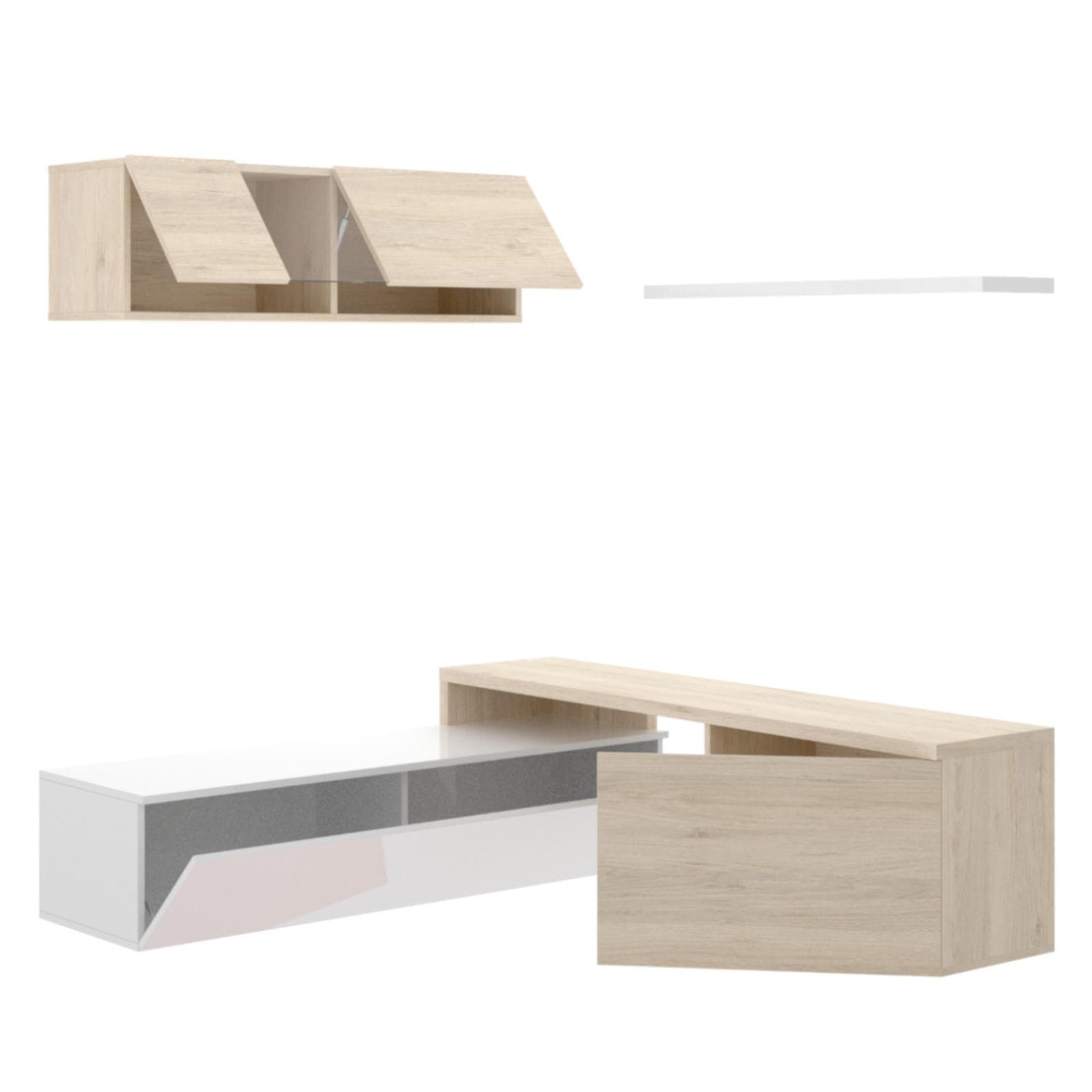 Parete attrezzata 201x180 h cm in legno bianco lucido e naturale - Dune