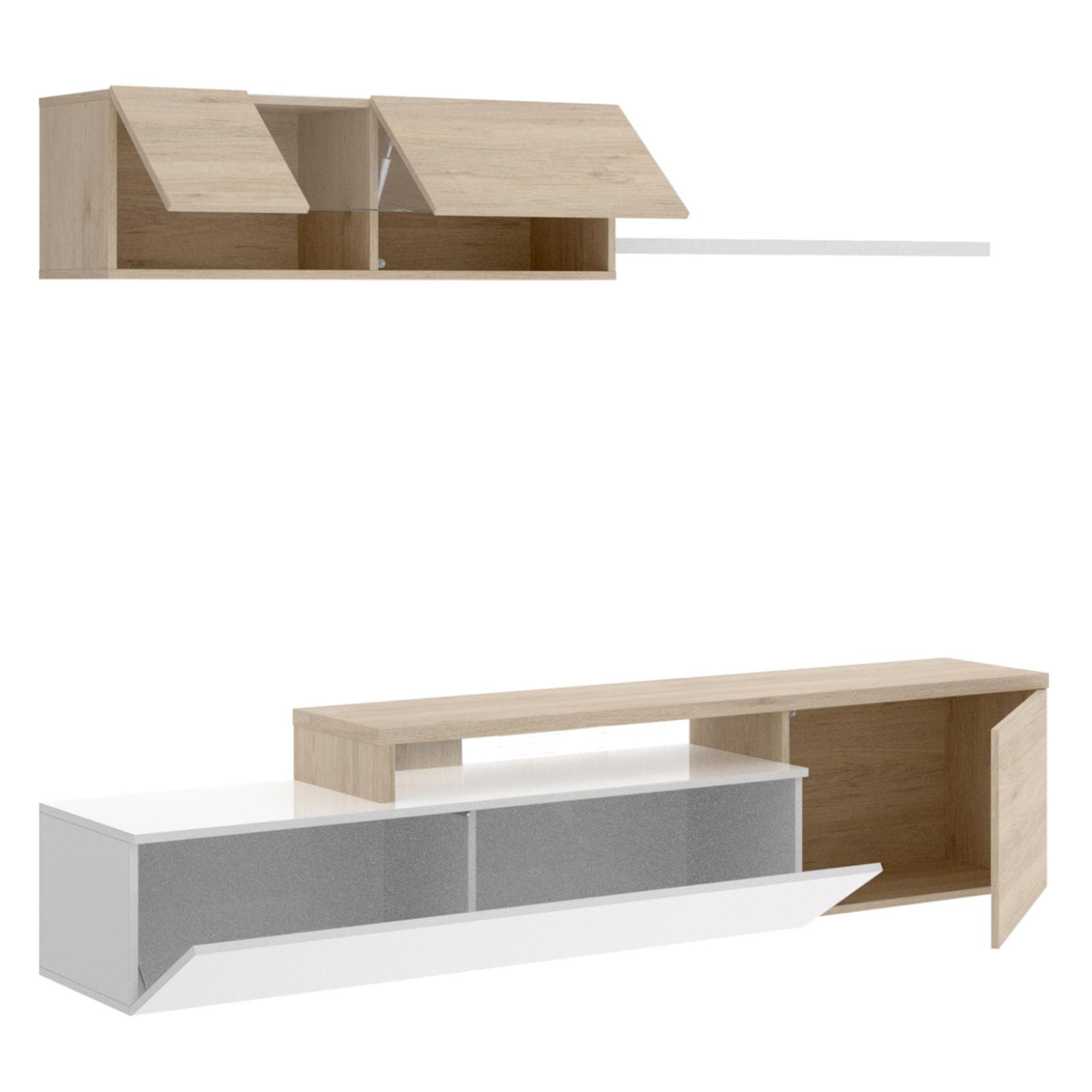 Parete attrezzata 201x180 h cm in legno bianco lucido e naturale - Dune