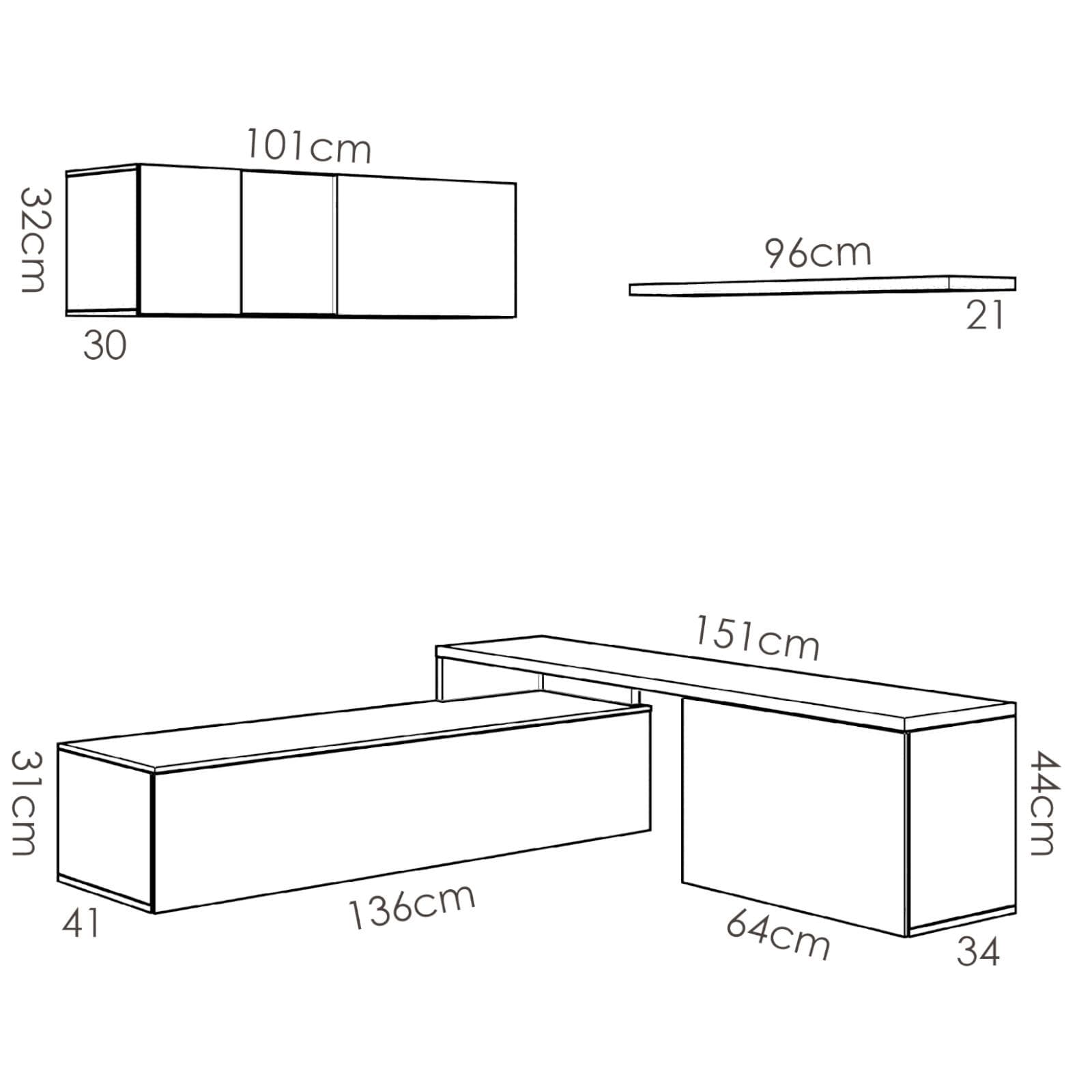 Parete attrezzata 201x180 h cm in legno bianco lucido e naturale - Dune