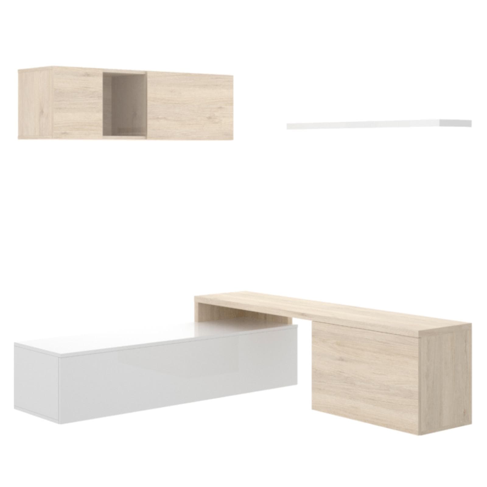 Parete attrezzata 201x180 h cm in legno bianco lucido e naturale - Dune