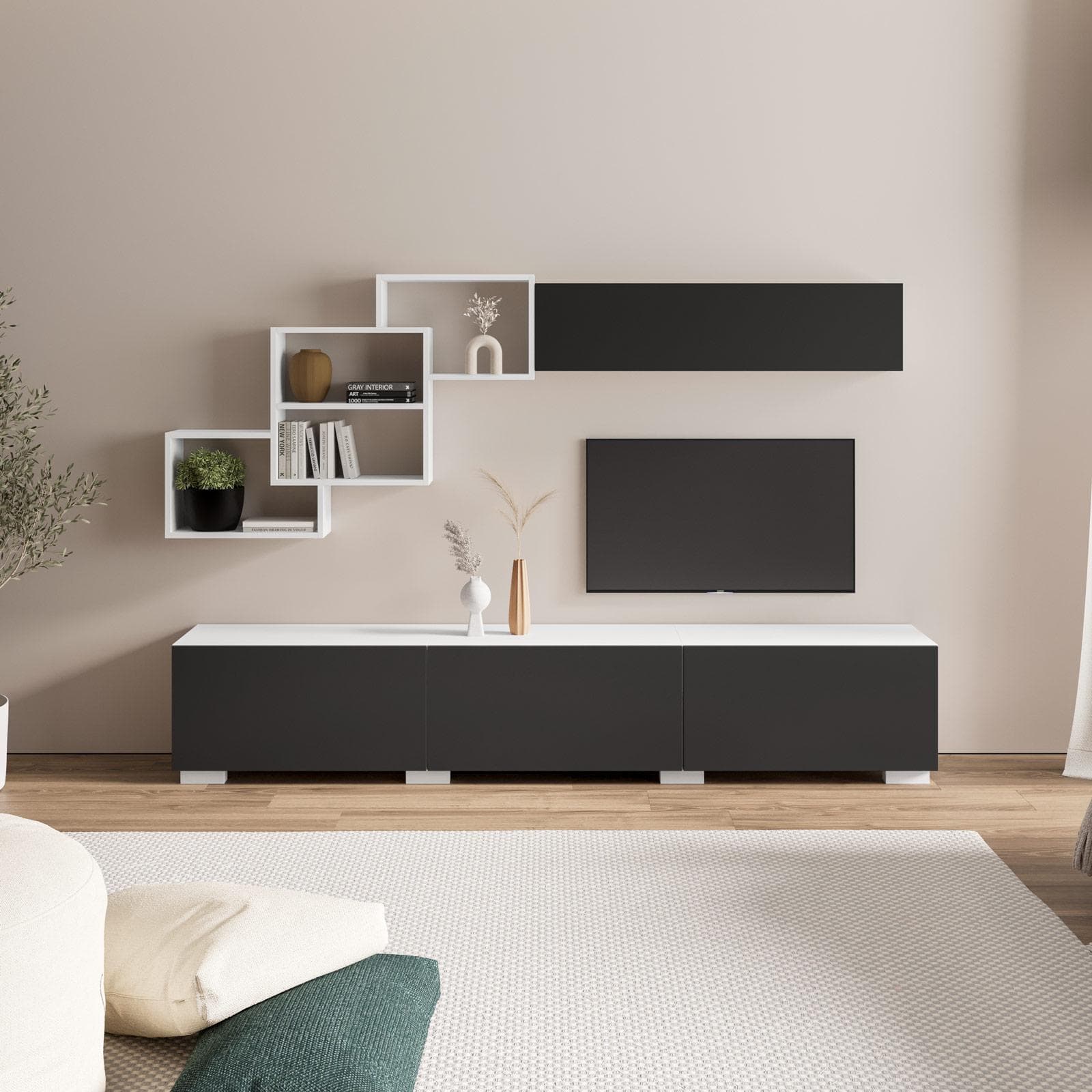 Parete attrezzata 210 cm in legno antracite e bianco - Landom