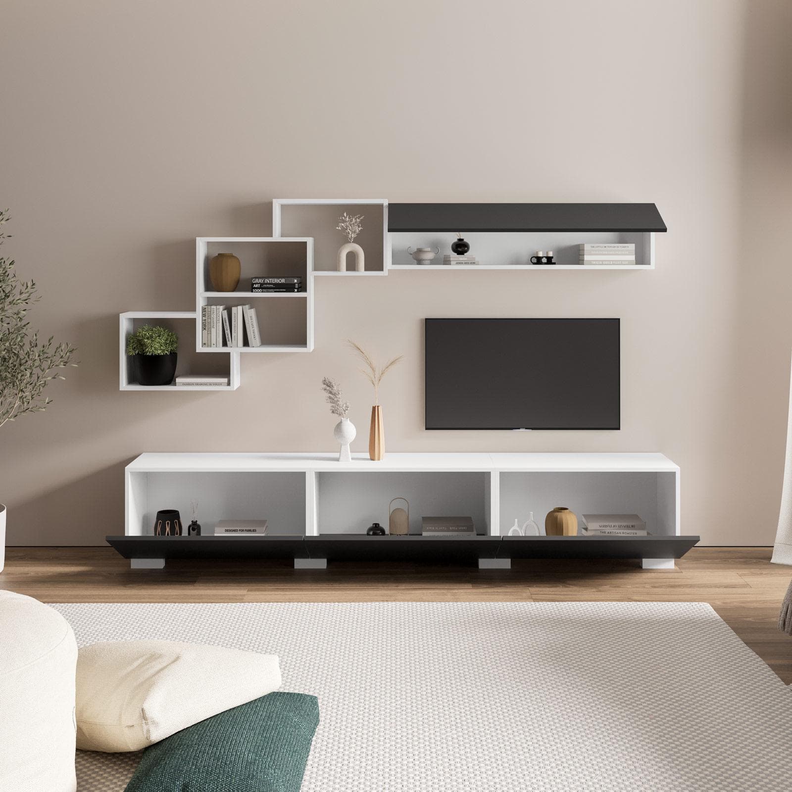 Parete attrezzata 210 cm in legno antracite e bianco - Landom