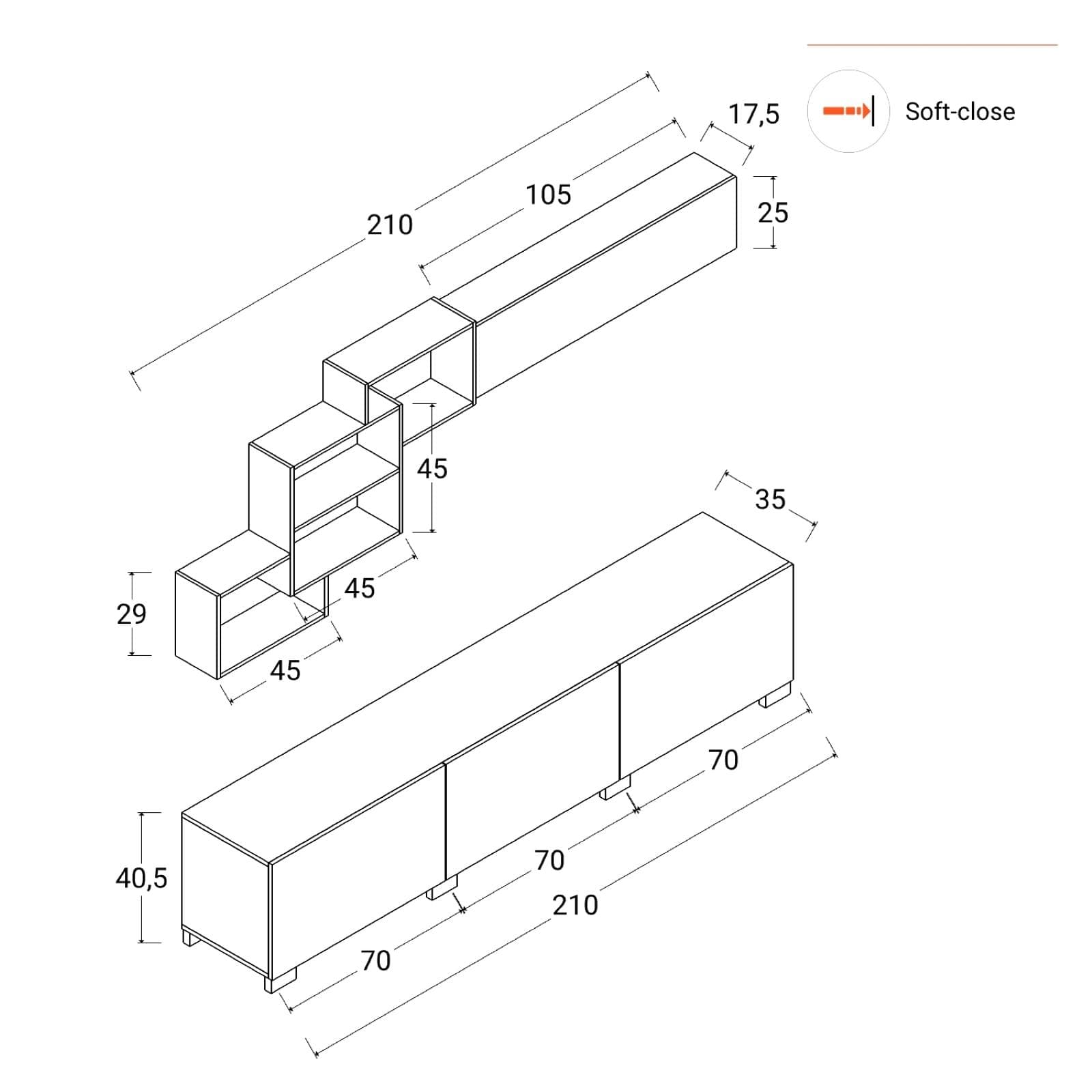 Parete attrezzata 210 cm in legno antracite e bianco - Landom