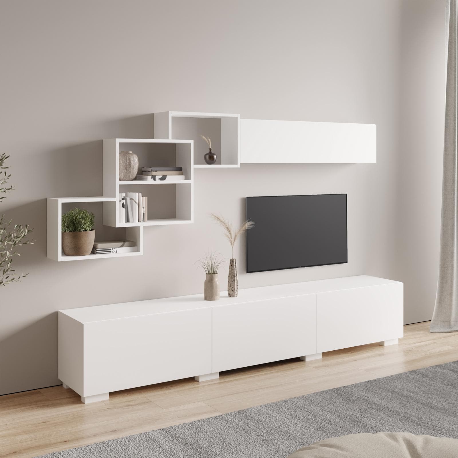 Parete attrezzata 210 cm in legno bianco opaco - Landom