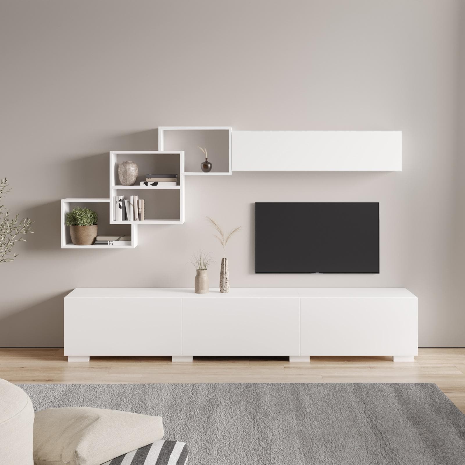 Parete attrezzata 210 cm in legno bianco opaco - Landom