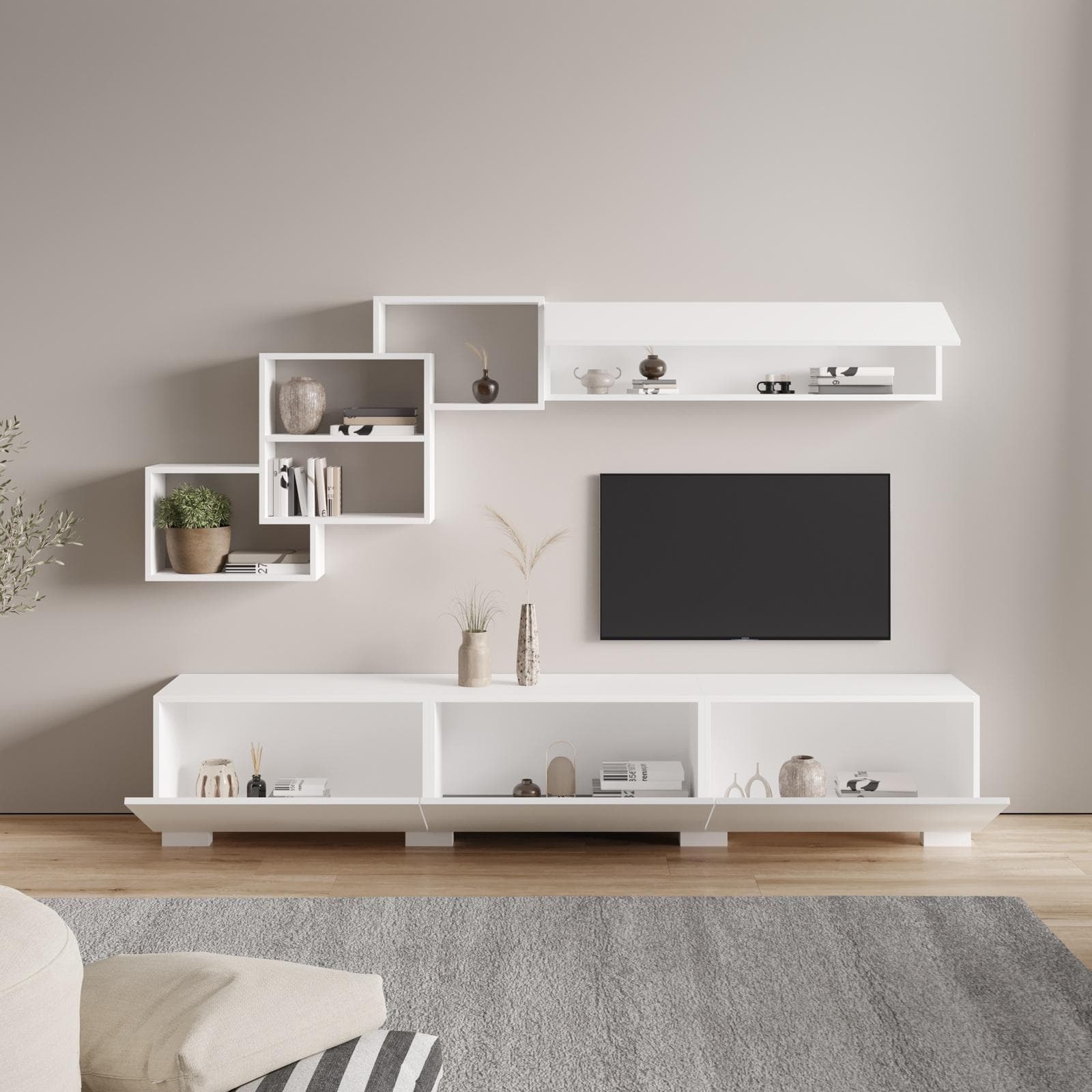 Parete attrezzata 210 cm in legno bianco opaco - Landom
