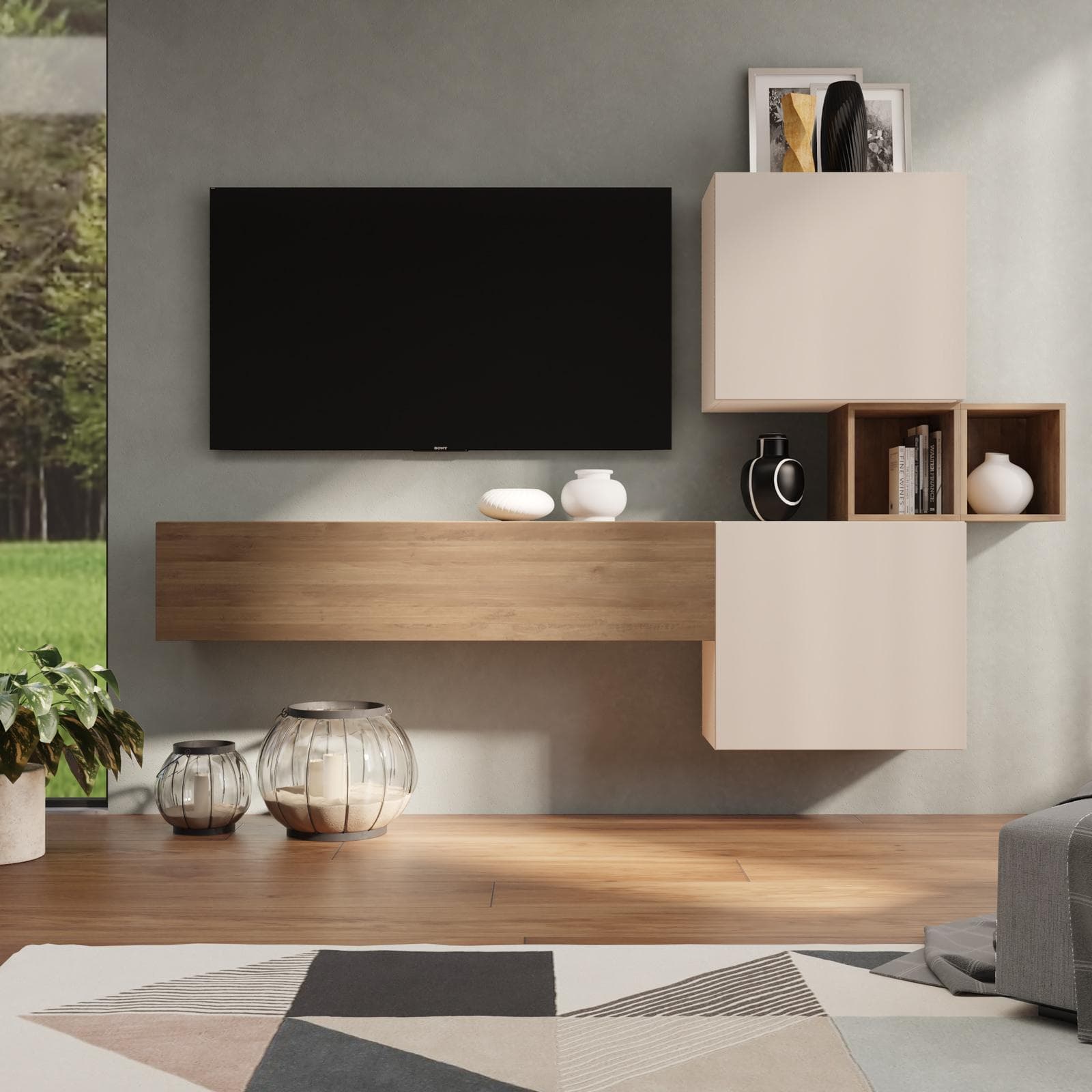 Parete attrezzata 220x29x128h cm cashmere e mercure - Clary