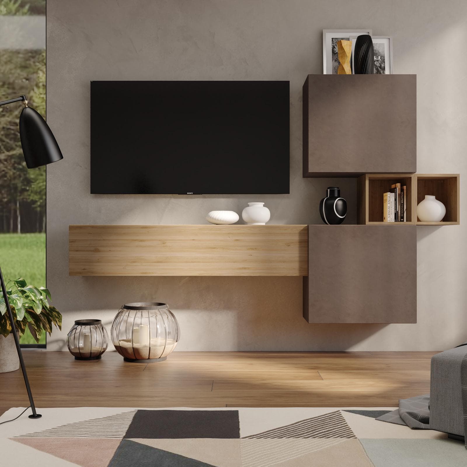 Parete attrezzata 220x29x128h cm color bronzo e rovere cadiz - Clary