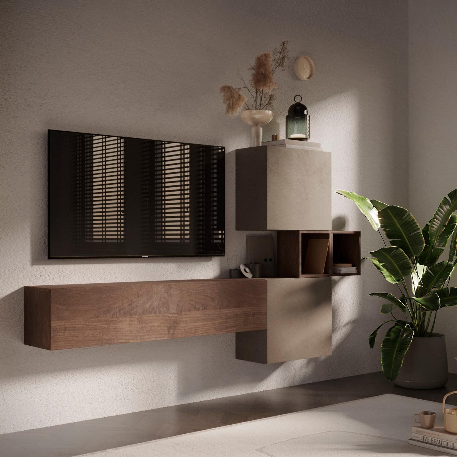 Parete attrezzata 220x29x128h cm color argilla e mercure - Clary