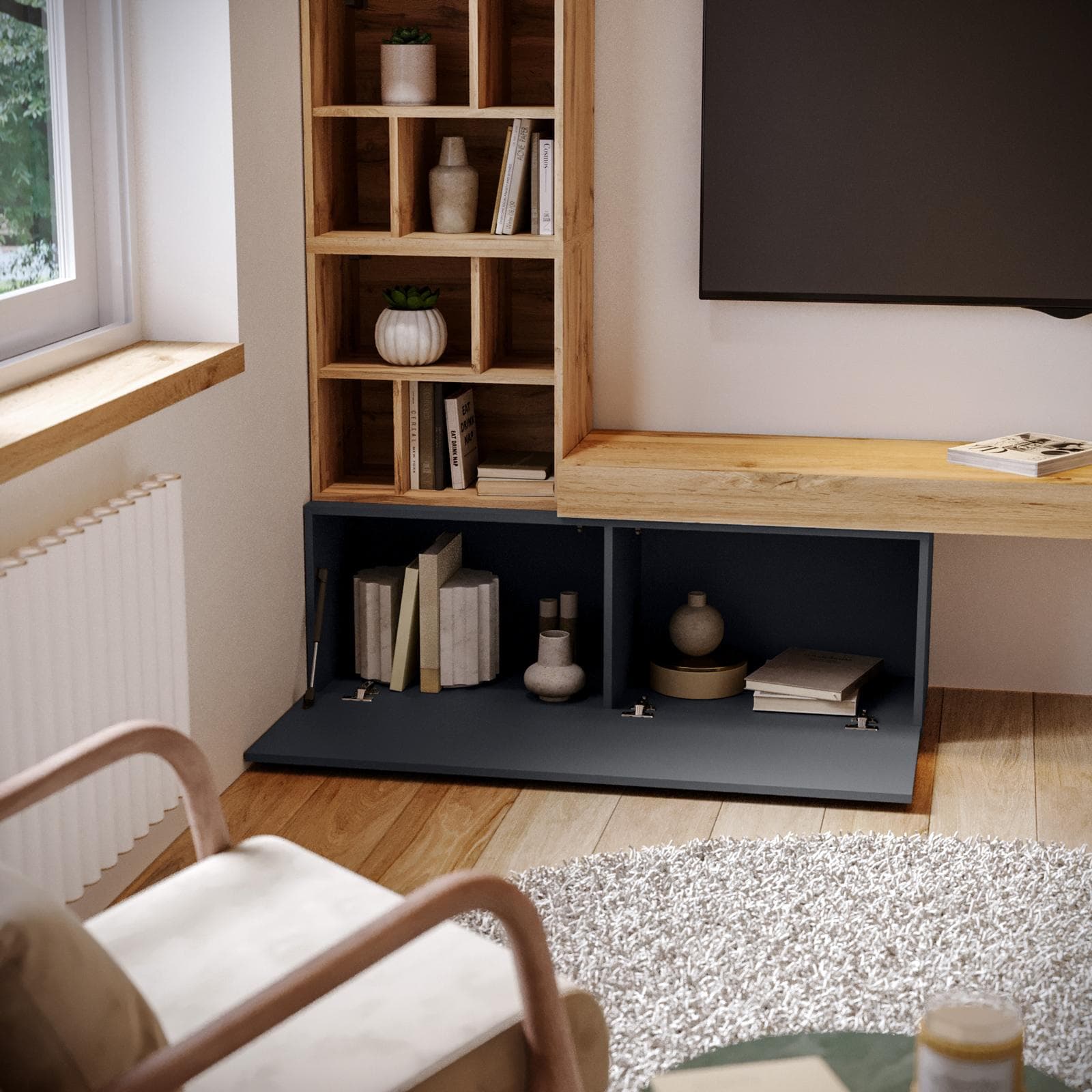 Parete attrezzata 230 cm rovere wotan e antracite - Kayros