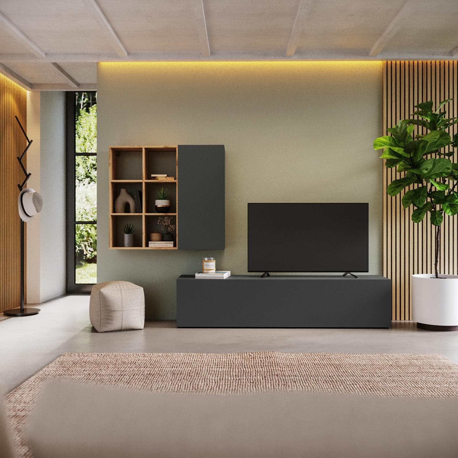 Parete attrezzata 240x40 cm antracite e rovere wotan - Kayros