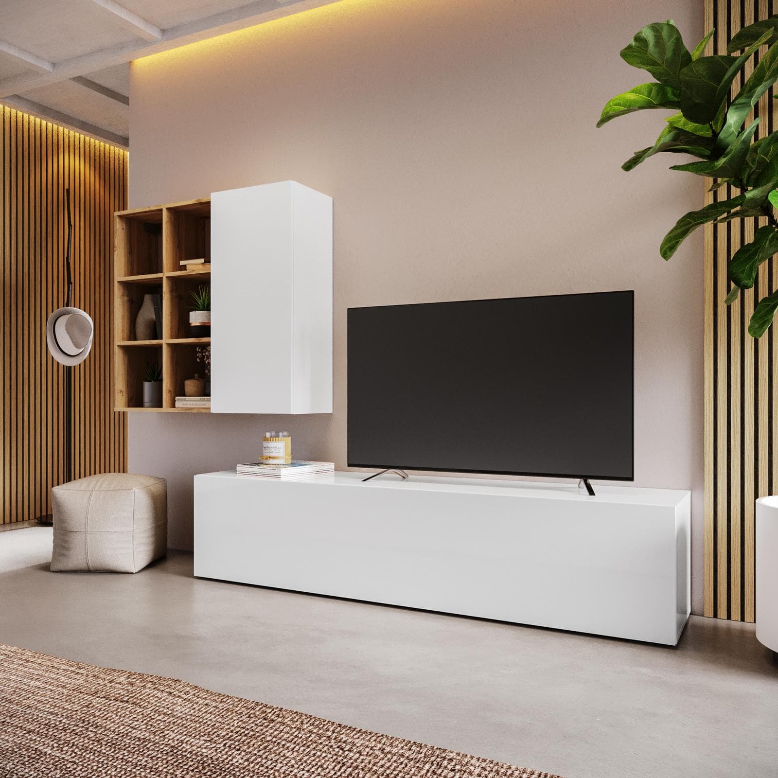 Parete attrezzata 240x40 cm bianco e rovere wotan - Kayros