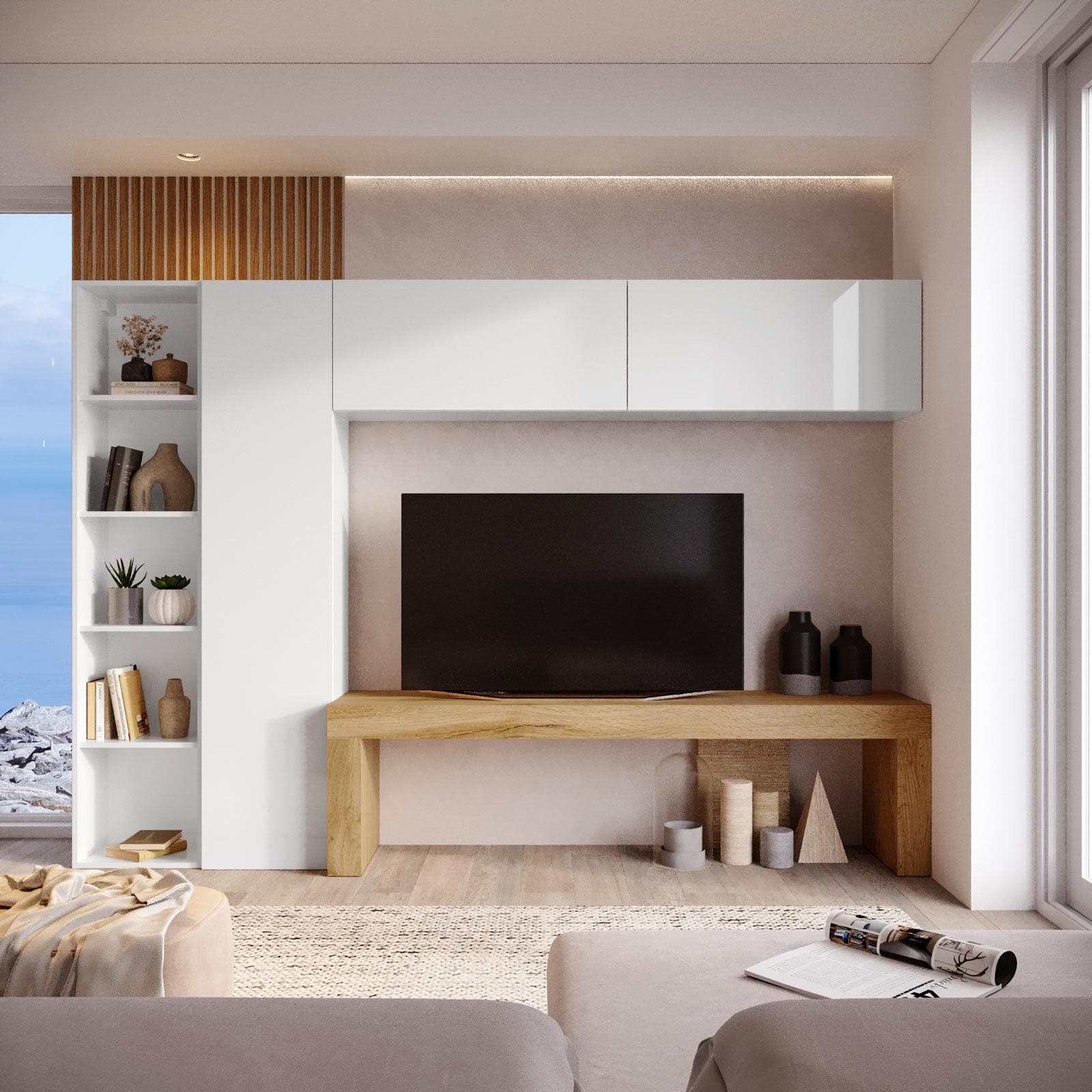 Parete attrezzata 260x40 cm bianco con panca tv rovere wotan - Kayros
