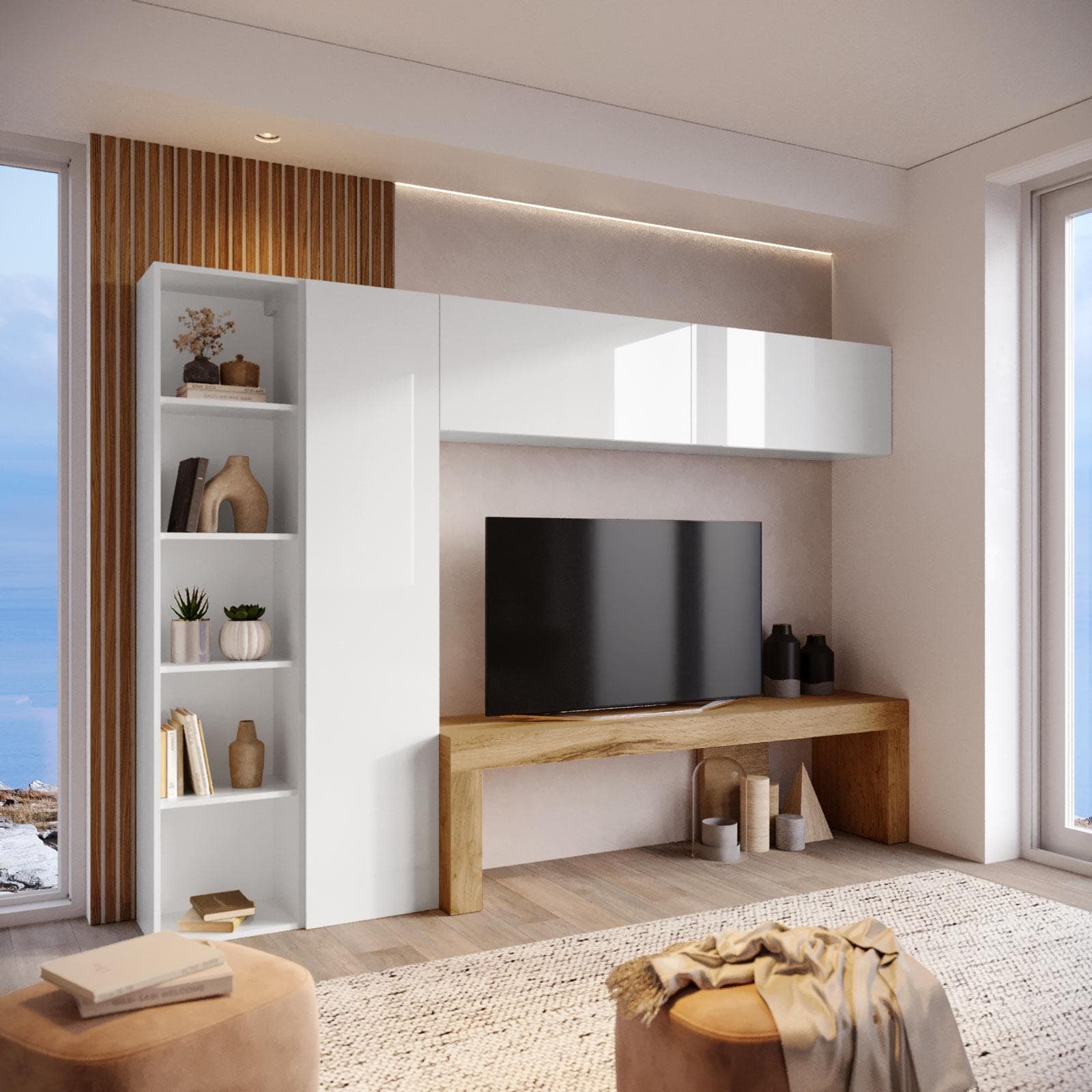 Parete attrezzata 260x40 cm bianco con panca tv rovere wotan - Kayros