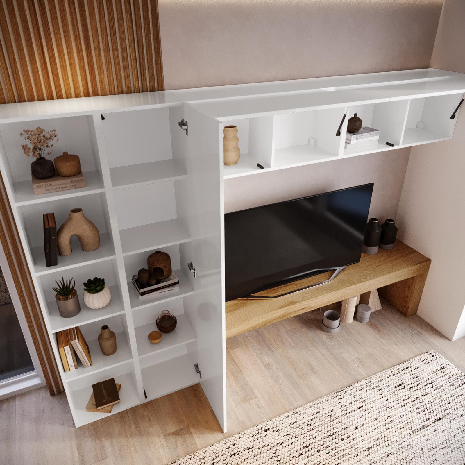 Parete attrezzata 260x40 cm bianco con panca tv rovere wotan - Kayros
