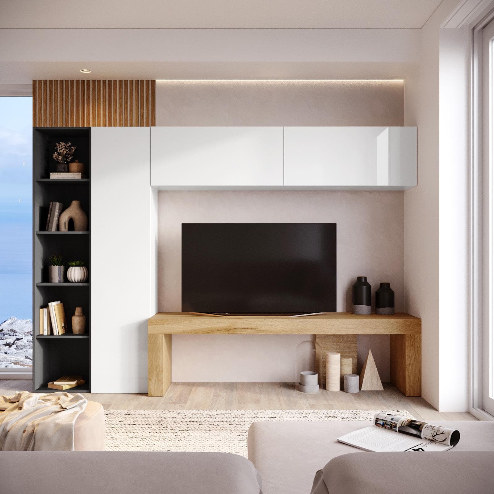 Parete attrezzata 260x40 cm bianco e antracite con panca tv rovere wotan - Kayros