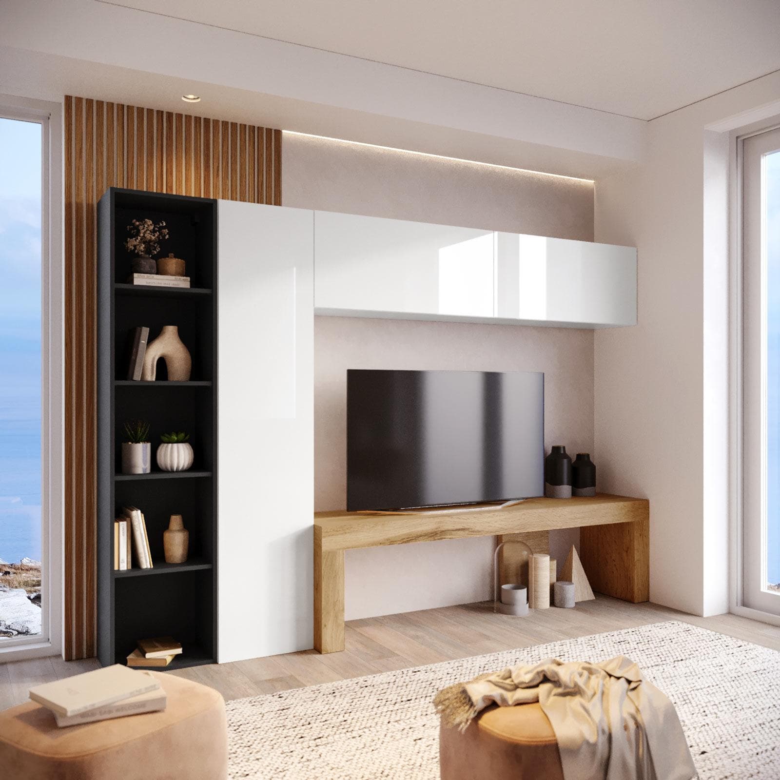 Parete attrezzata 260x40 cm bianco e antracite con panca tv rovere wotan - Kayros