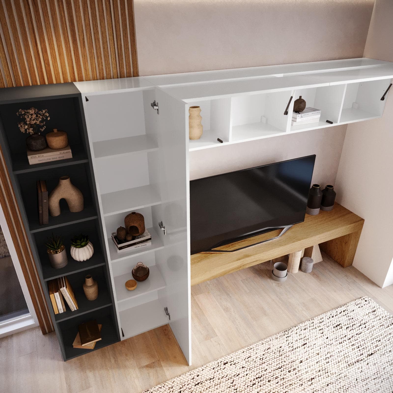 Parete attrezzata 260x40 cm bianco e antracite con panca tv rovere wotan - Kayros