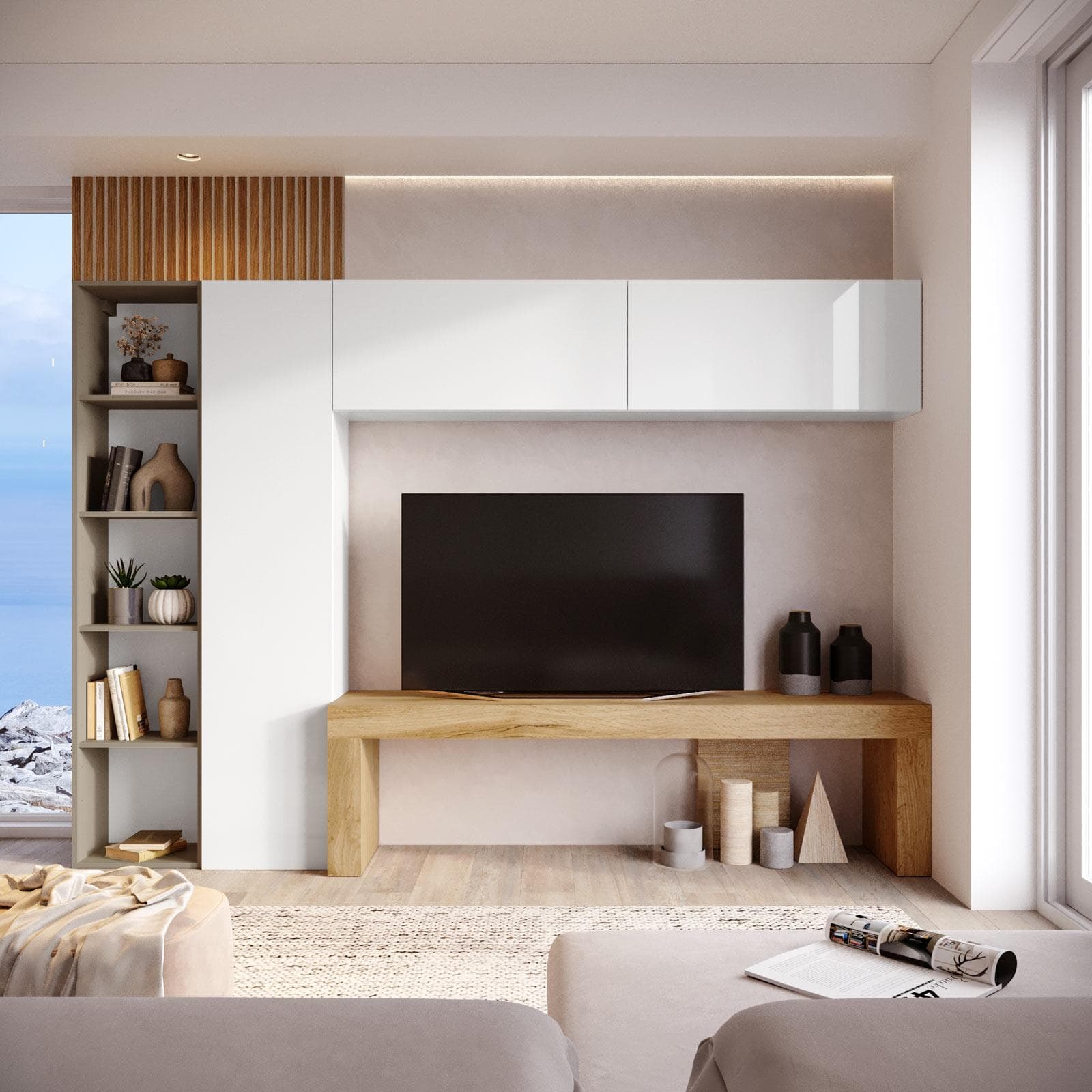 Parete attrezzata 260x40 cm bianco e tortora con panca tv rovere wotan - Kayros