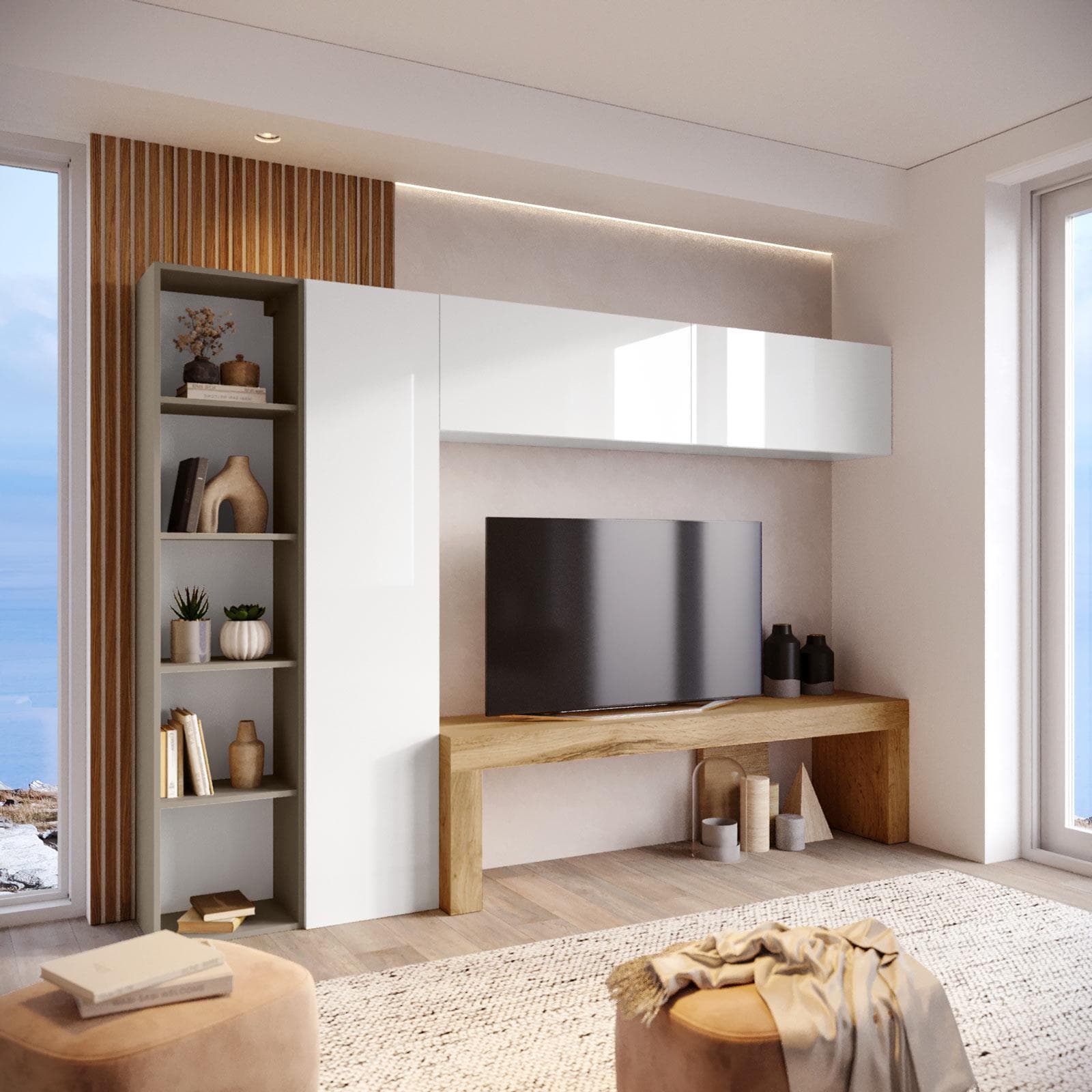 Parete attrezzata 260x40 cm bianco e tortora con panca tv rovere wotan - Kayros