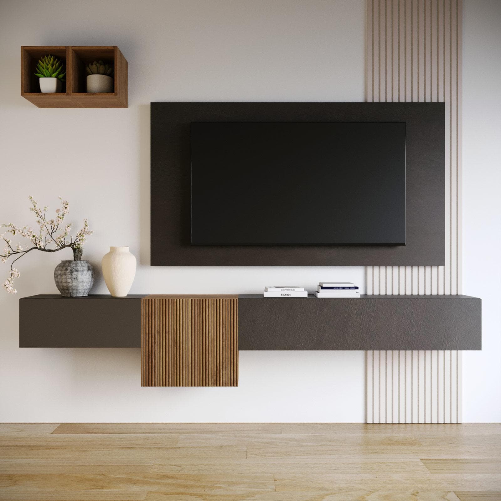 Parete attrezzata 262x30x220h cm mercure cannettato e lava con pannello porta tv - Clary