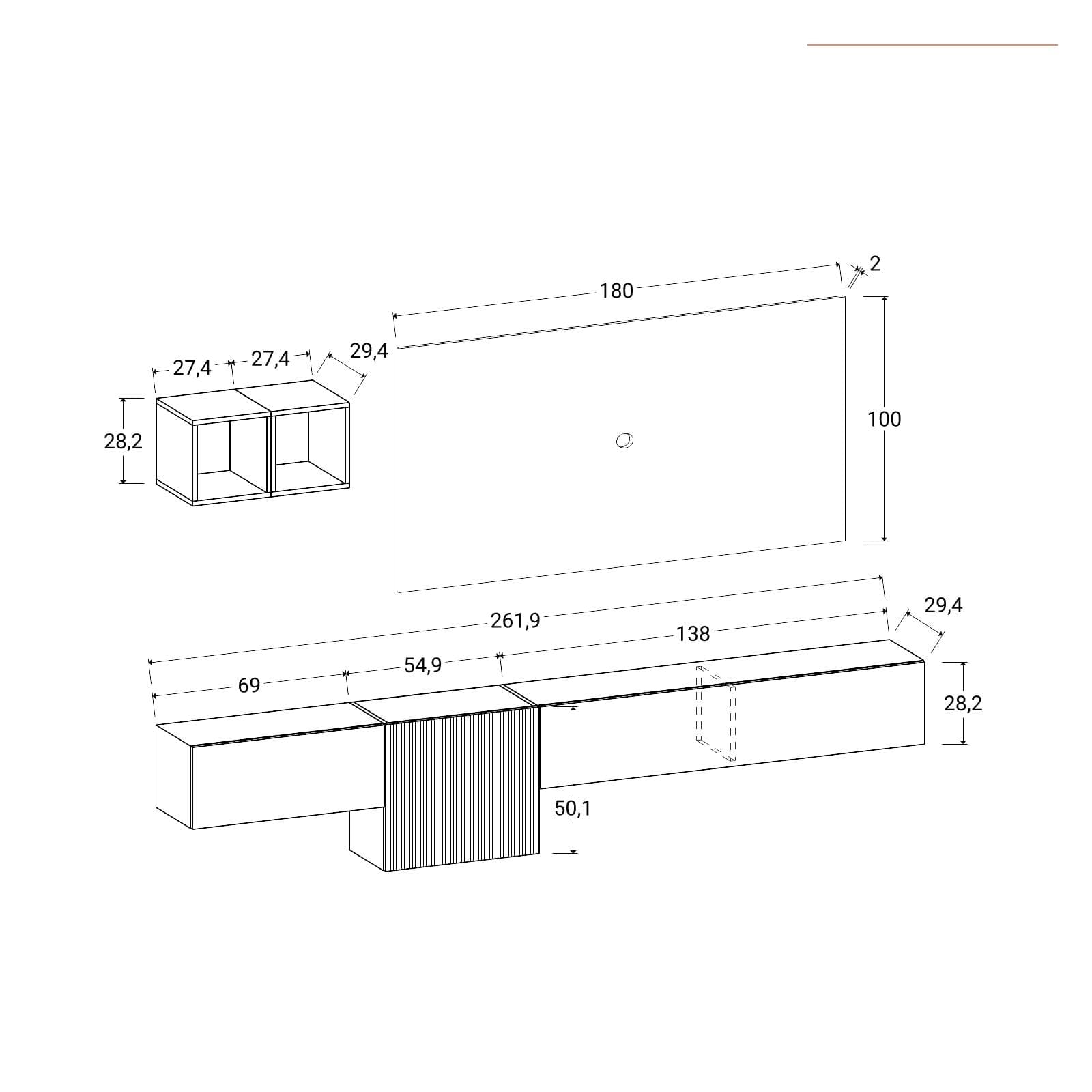 Parete attrezzata 262x30x220h cm mercure cannettato e lava con pannello porta tv - Clary