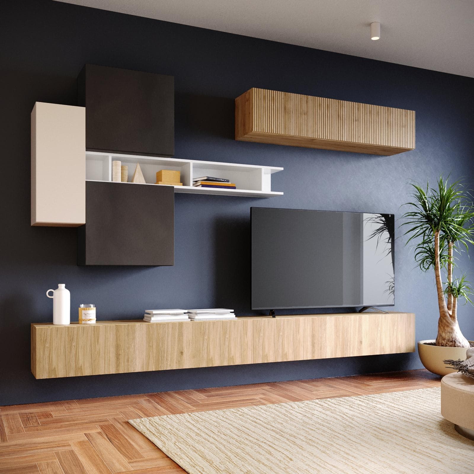 Parete attrezzata 276x190h cm cadiz cannettato con pensili cashmere lava e mensola bianca - Clary