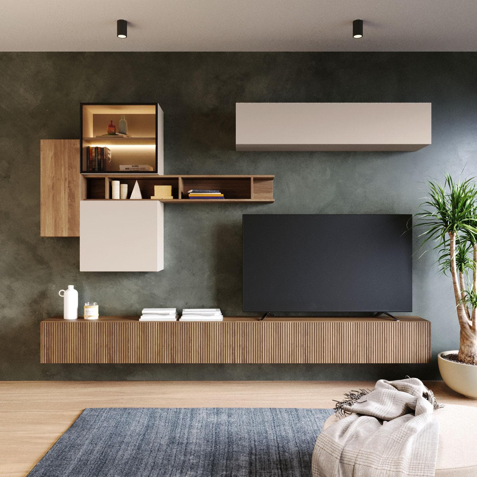 Parete attrezzata 276x190h cm mercure cannettato e cashmere con vetrina - Clary