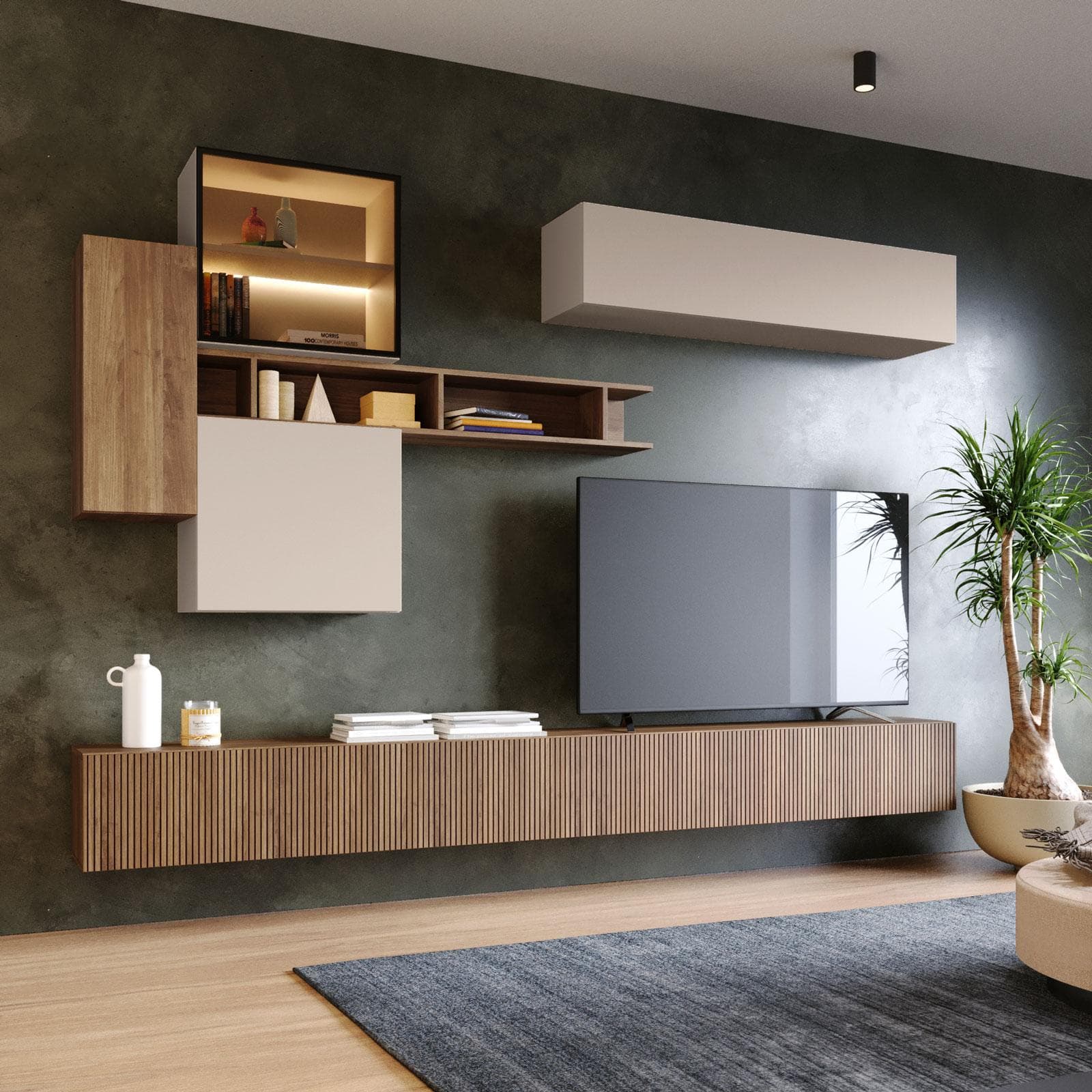 Parete attrezzata 276x190h cm mercure cannettato e cashmere con vetrina - Clary