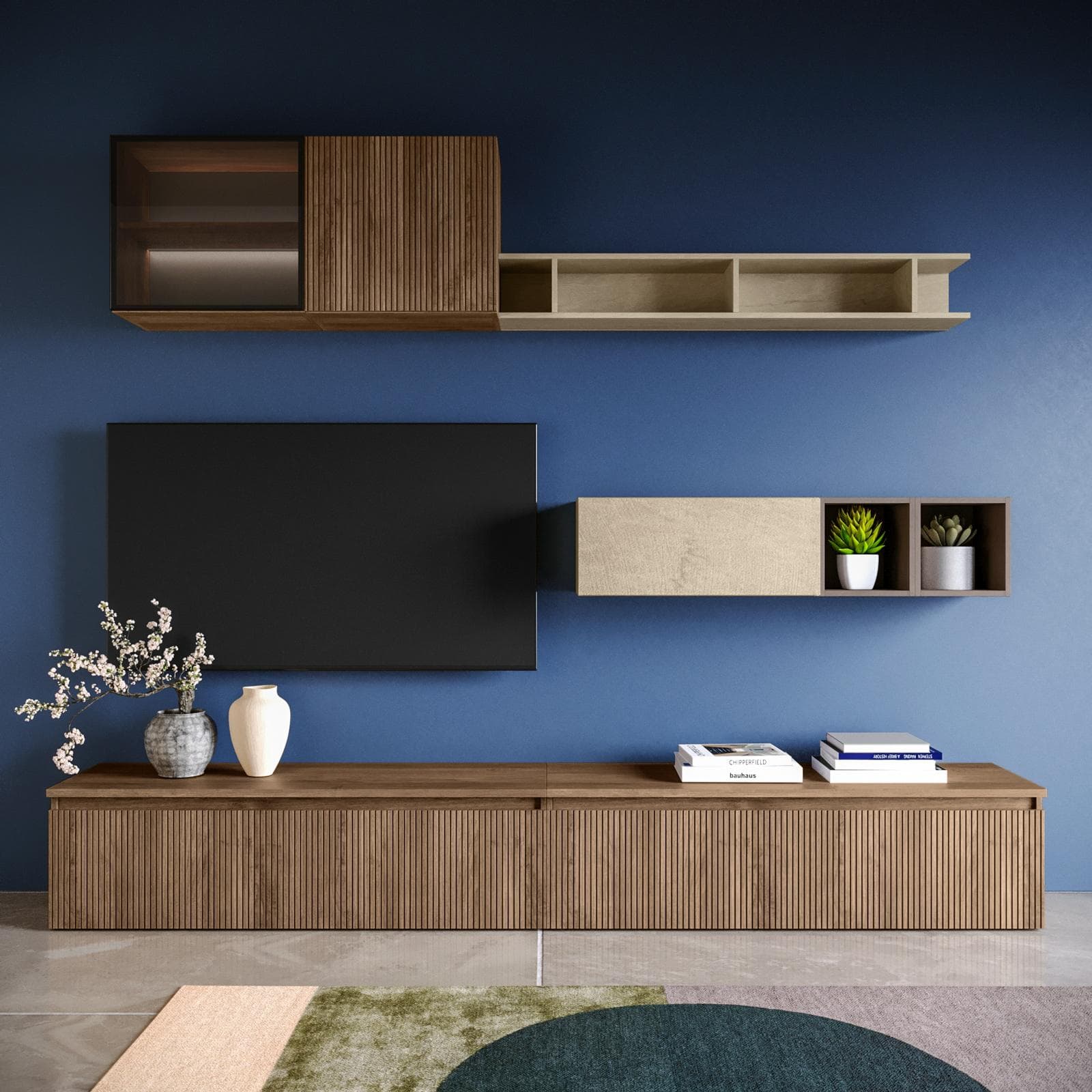 Parete attrezzata 276x40 cm argilla bronzo e mercure cannettato con vetrina - Clary
