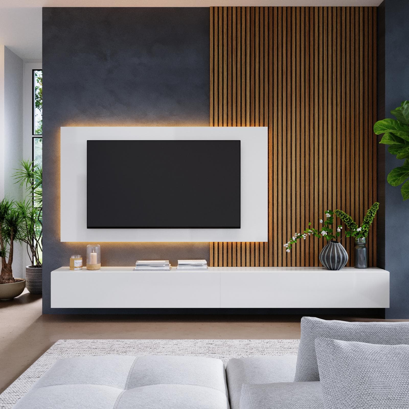 Parete attrezzata 280 cm bianco con pannello porta tv - Clary