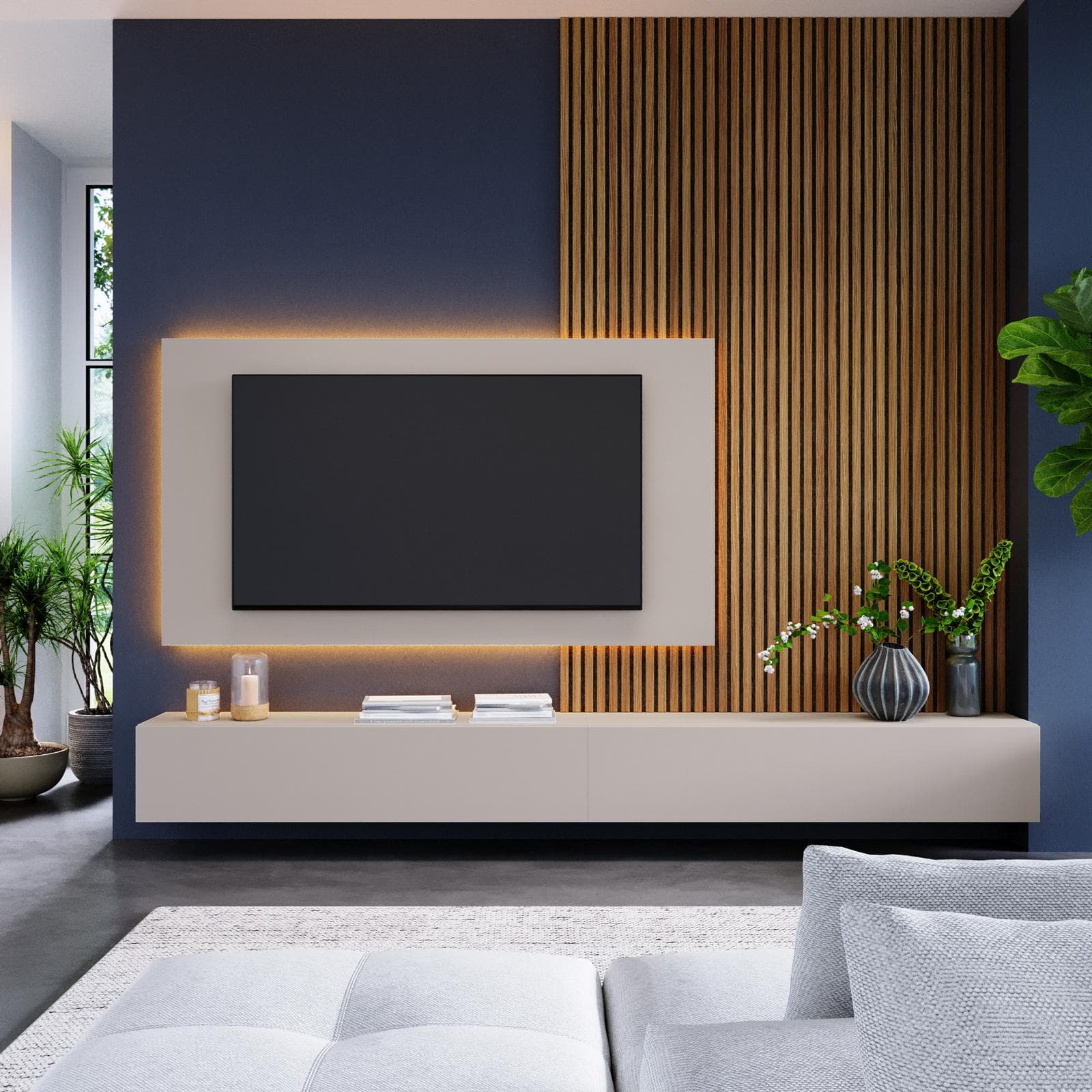 Parete attrezzata 280 cm cashmere con pannello porta tv - Clary