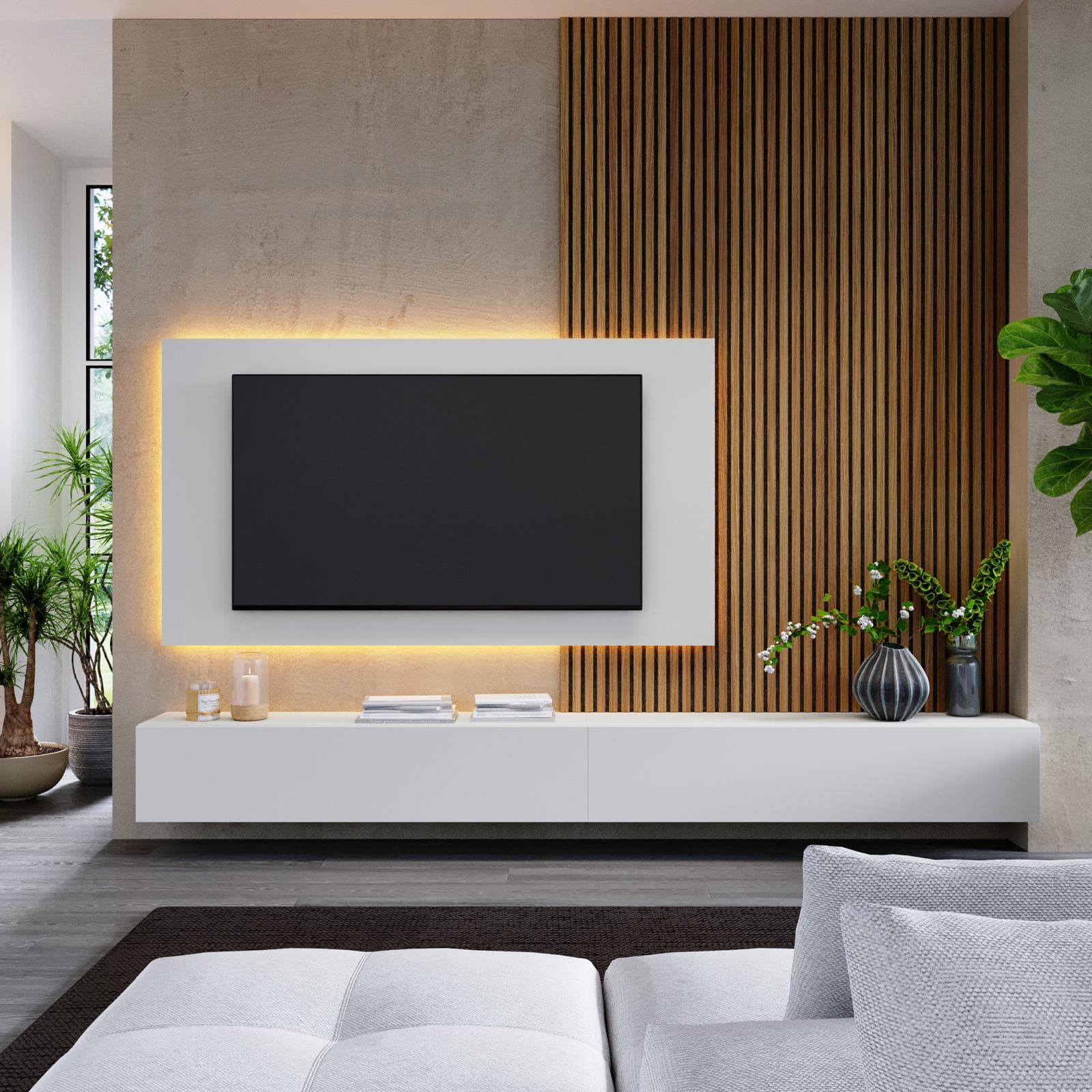 Parete attrezzata 280 cm gesso con pannello porta tv - Clary