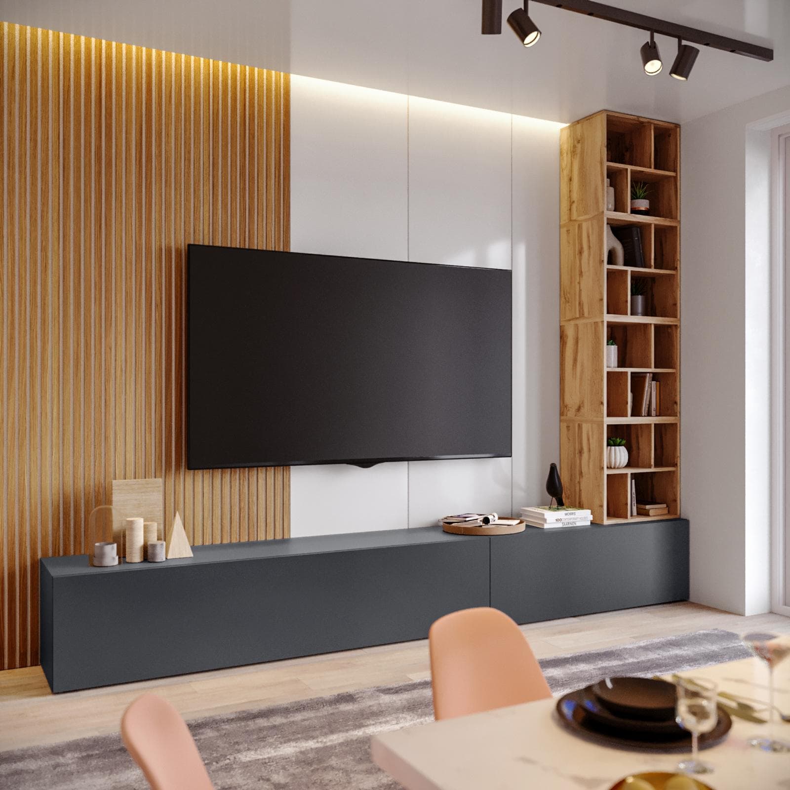 Parete attrezzata 300 cm antracite e rovere wotan - Kayros