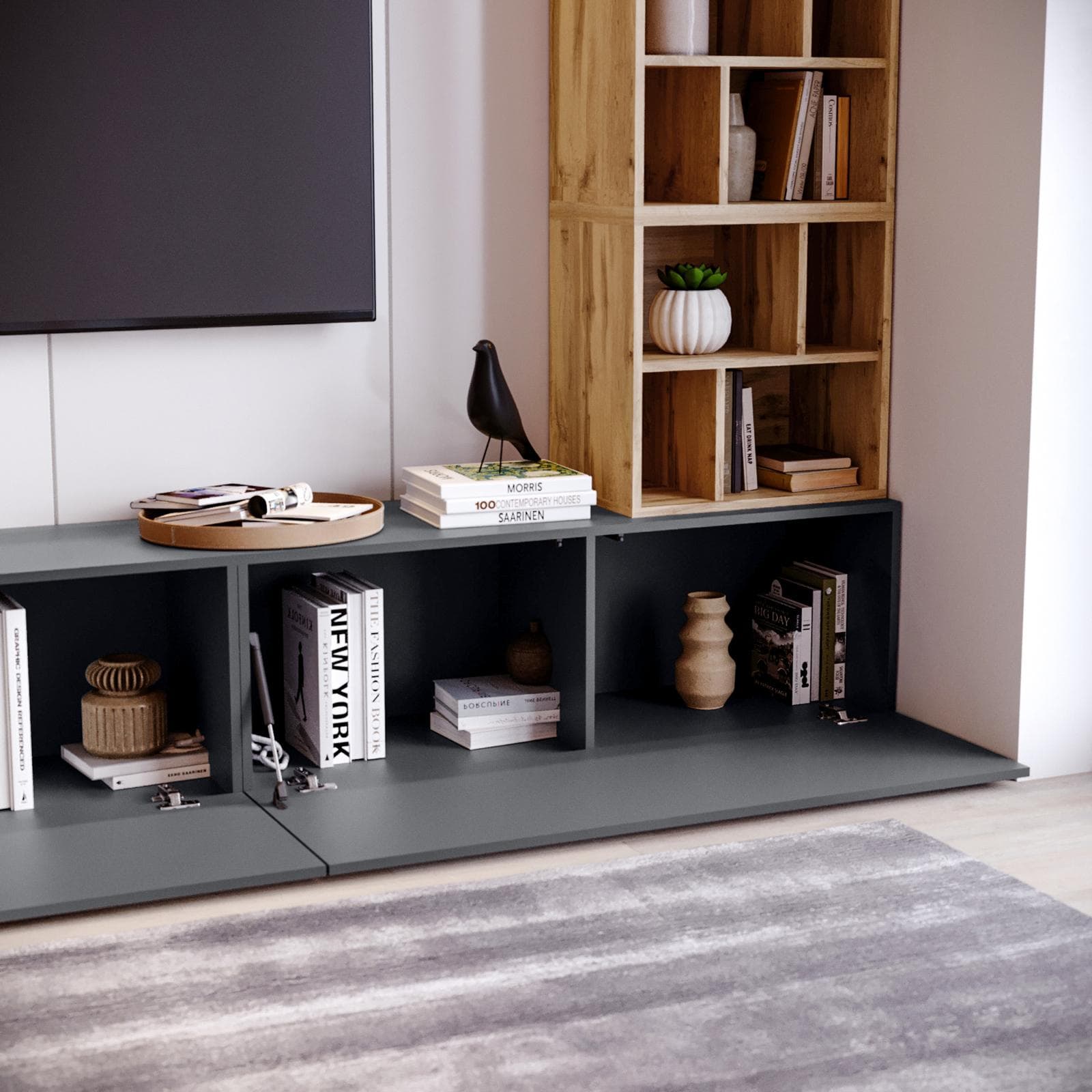 Parete attrezzata 300 cm antracite e rovere wotan - Kayros