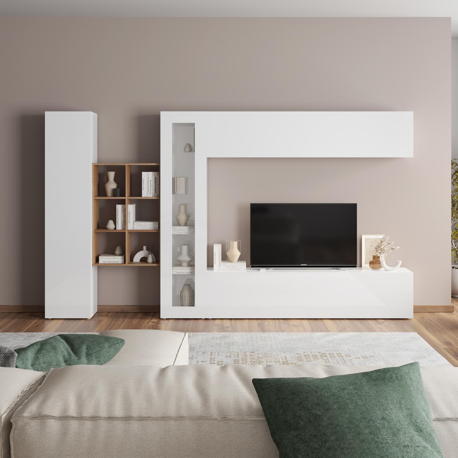 Parete attrezzata 320x180h cm a terra o sospesa bianco lucido con libreria rovere wotan - Arona
