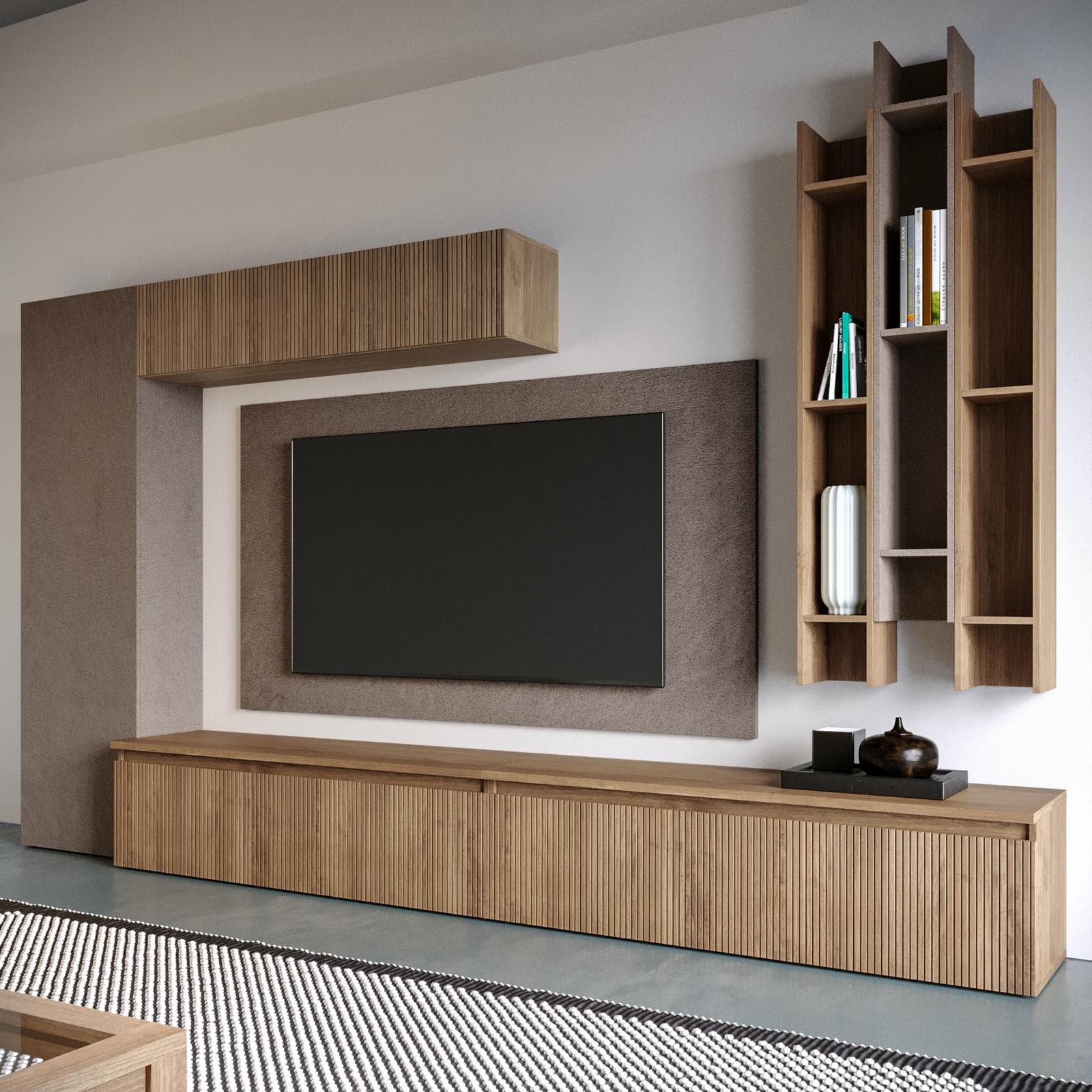 Parete attrezzata 330x185h cm bronzo e mercure cannettato con pannello porta tv - Clary